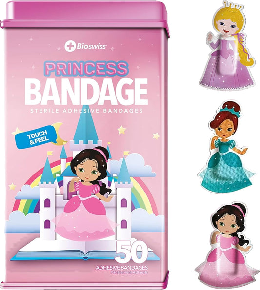 BioSwiss Bandages, Princess Shaped Self Adhesive Bandage, Latex Free Sterile Wound Care, Fun First Aid Kit Supplies for Kids, 50 Count