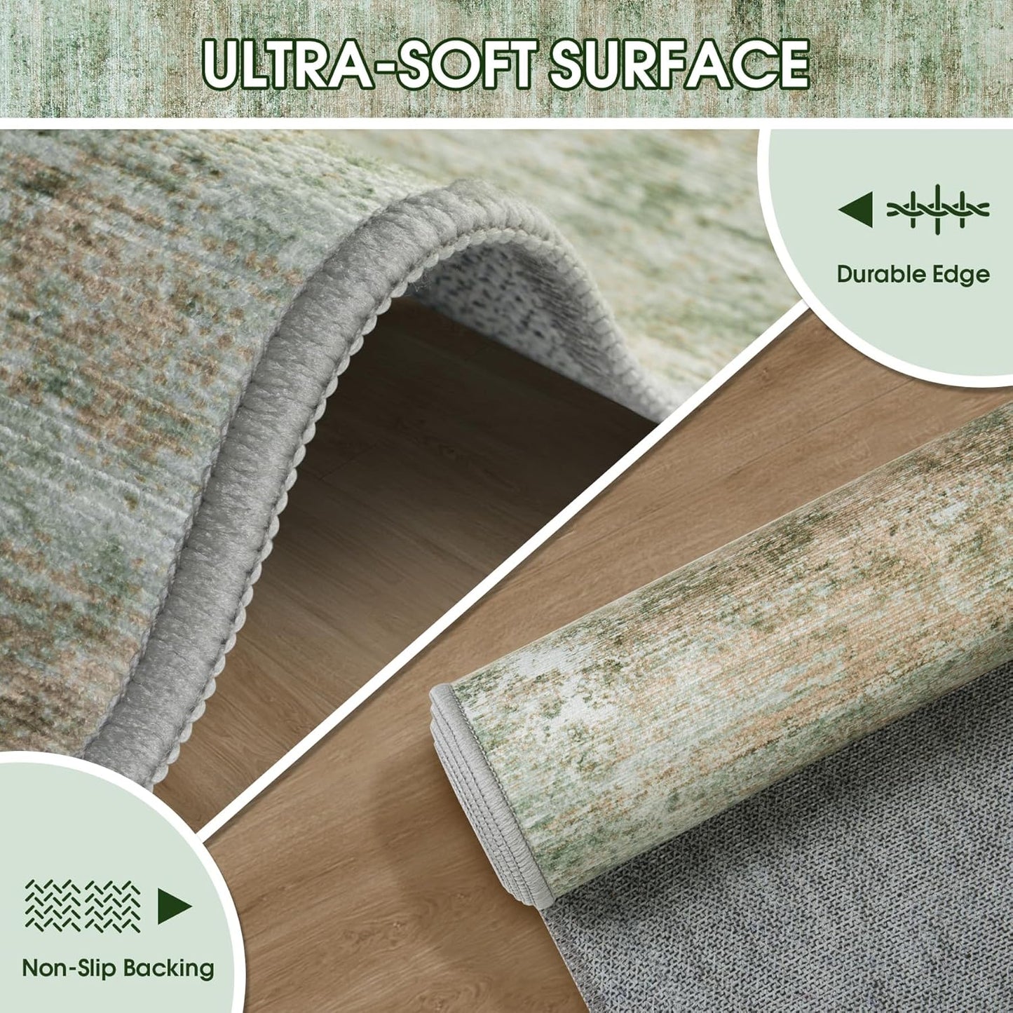 Area Rug 9x12 Washable Rugs: Abstract Large Living Room Rugs with Non-Slip Backing, Thin Carpet for Dining Room Table Bedroom Nursery Indoor Home Office-Light Green/Brown