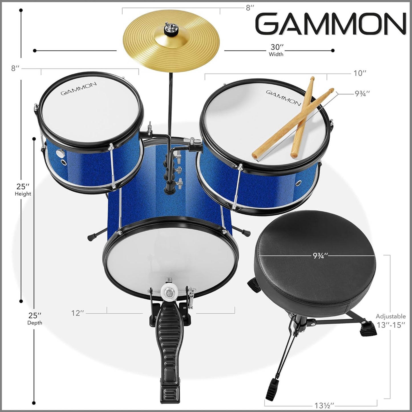 Gammon 3-Piece Junior Drum Set with Throne - Blue, Complete Beginner Kit with Bass Drum, Toms, Cymbal, Pedal, and Drumsticks