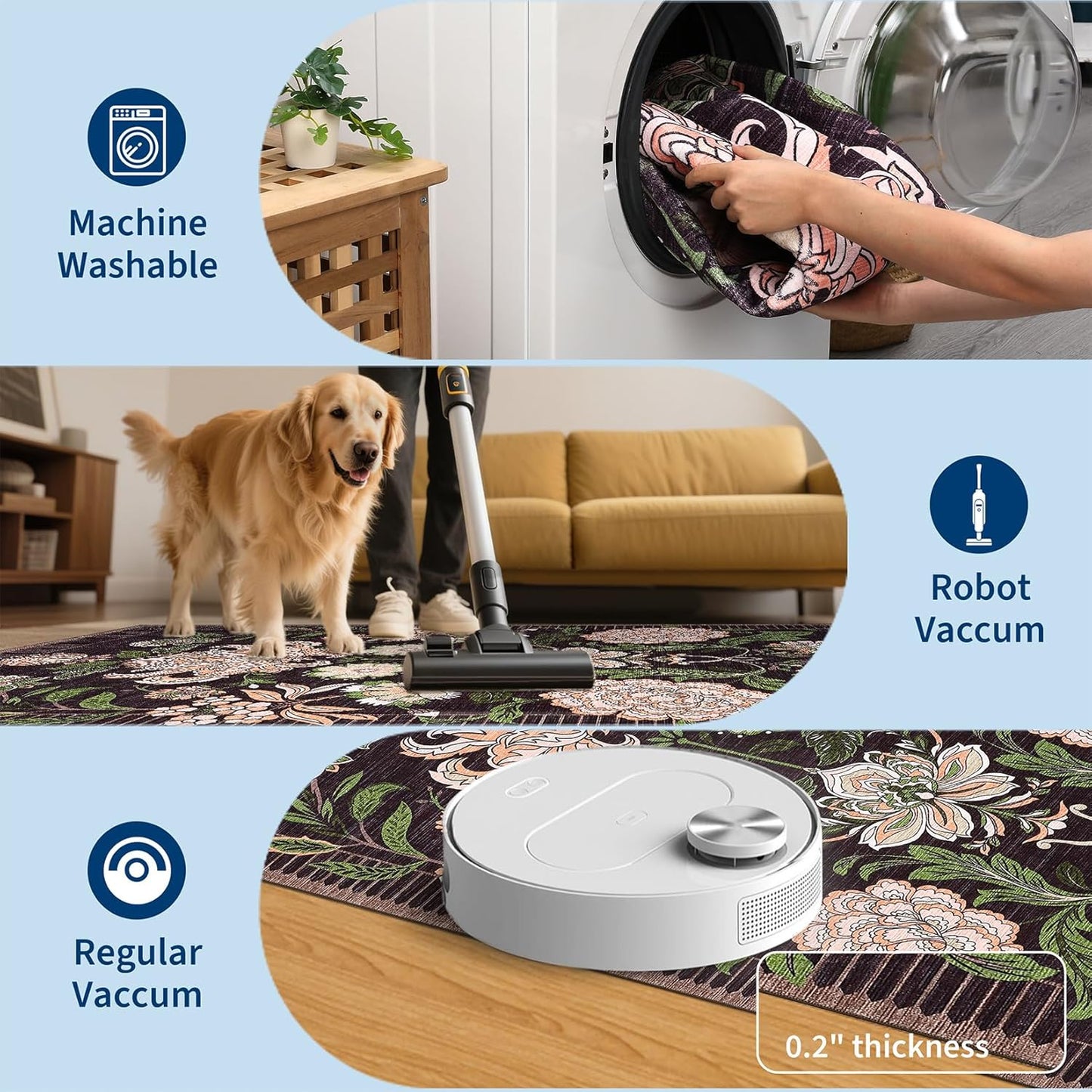 GarveeHome Plum Pink Floral Botanical Washable 8x10 Area Rug for Living Room Soft Black Purple Vintage Boho Cottage Large Rugs Low Pile Carpet for Bedroom Dining Nursery Rug