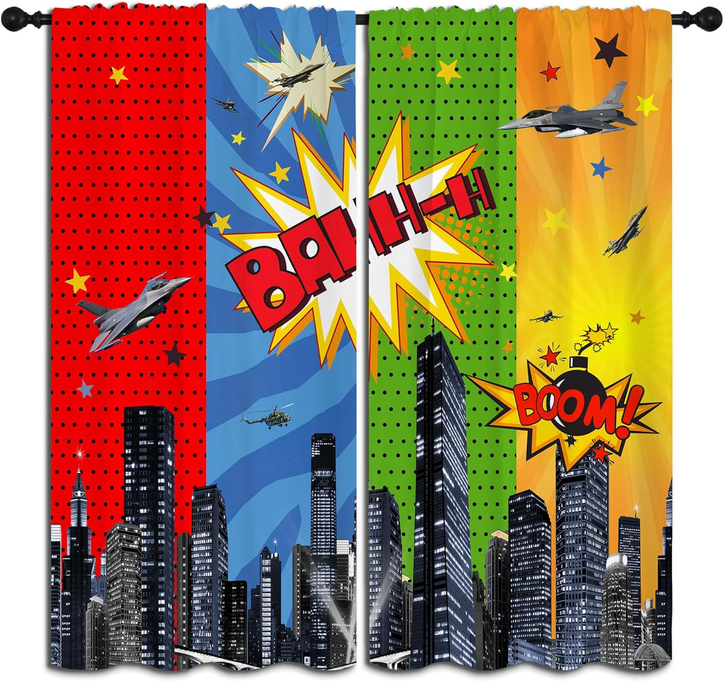 Superhero Rod Pocket Blackout Curtains for Boy Girl Bedroom, City War Explosion Comics Art Home Energy Efficient Light Filtering Window Curtain for Living Room, 42x63 inch