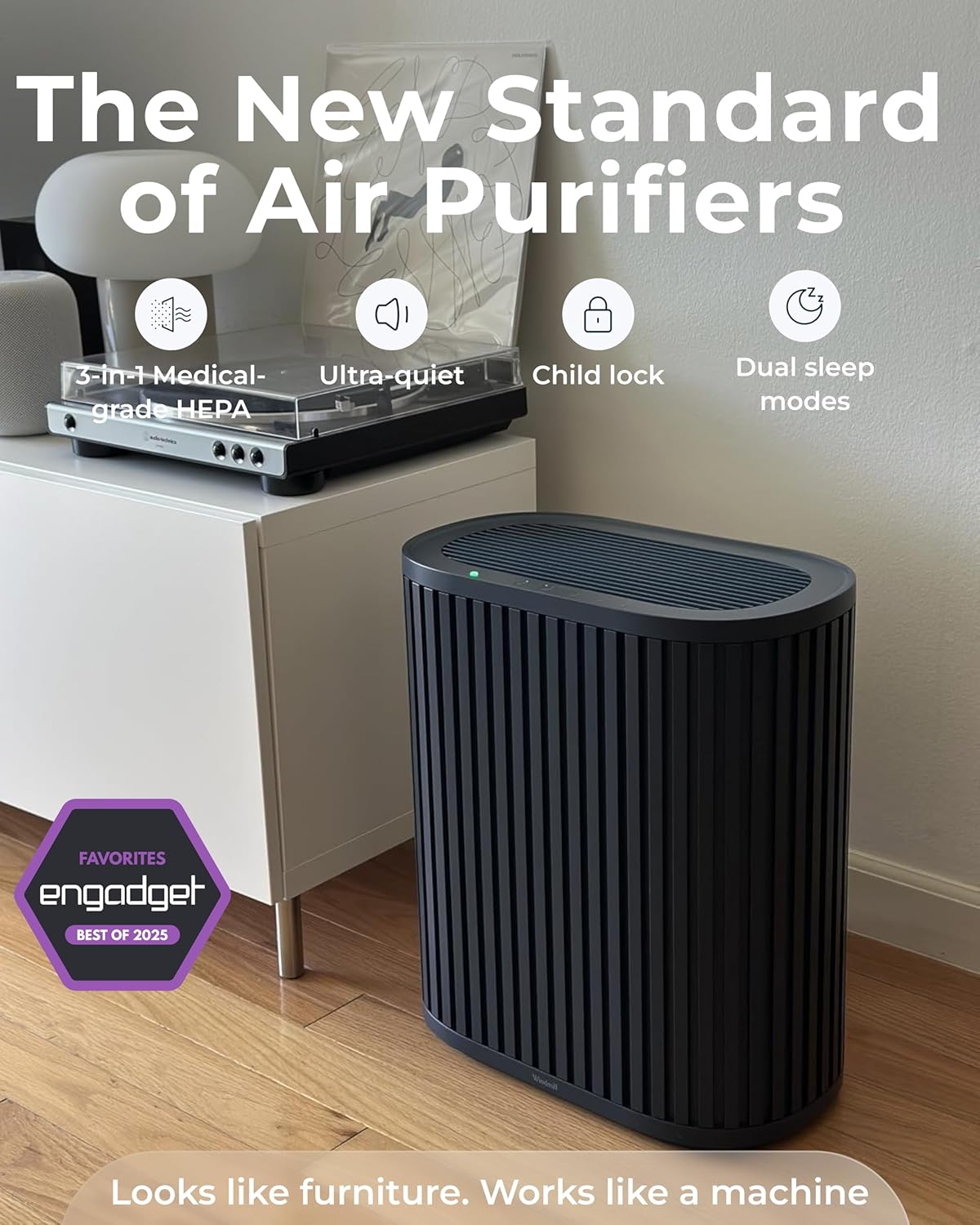 Windmill Air Purifier for Home - 3-In-1 Filtration for Smoke & More - True HEPA Filter, Activated Carbon, & Pre-Filter - Covers Up To 1950 sq ft - Ultra-Quiet - App Compatible - Navy