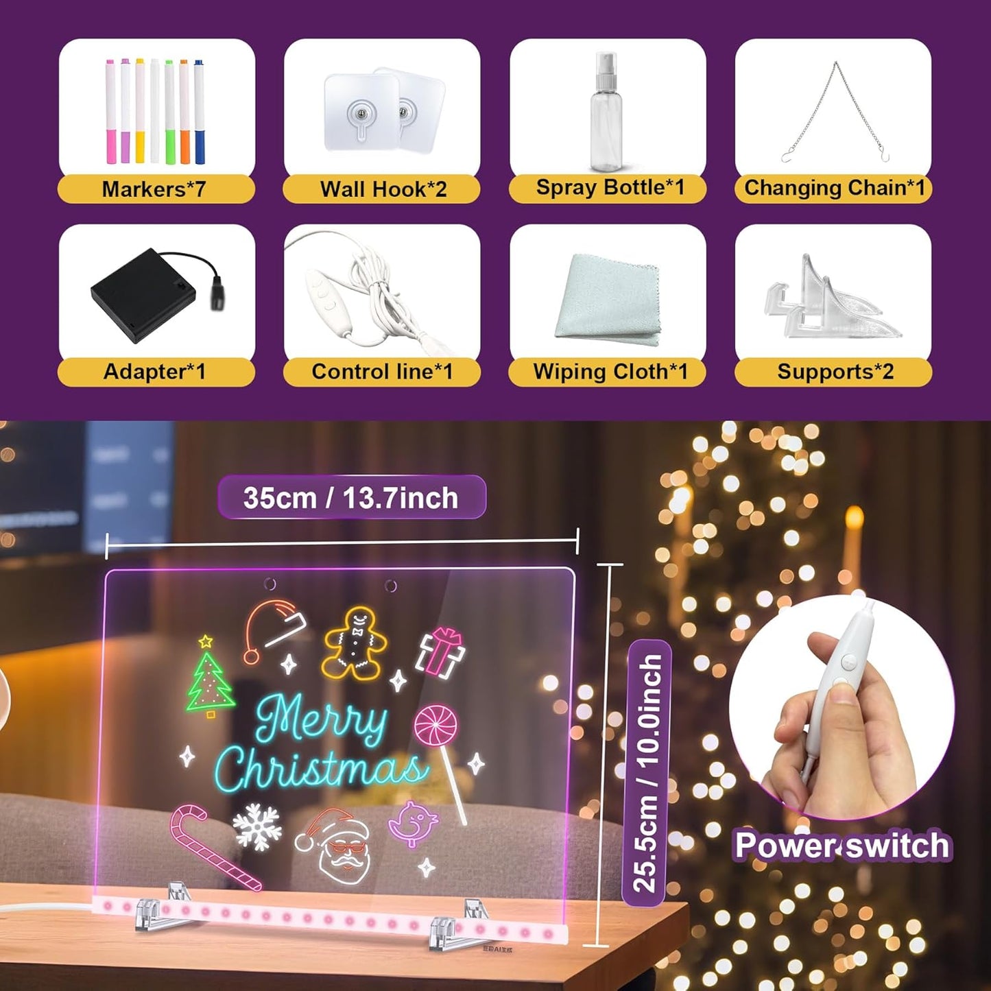 Led Drawing Board for Kids, LED Note Board, 13.7"X10" 4 Modes & 7 Colors, Acrylic Dry Erase Board with Light, Include Adapter, Hanging Chain, Magic Board for Kids, Office Decor Doodle Board Kid Gifts