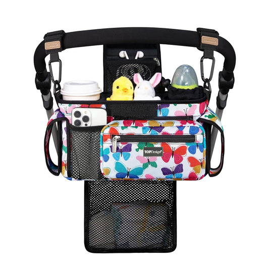 TOPDesign Universal Baby Stroller Organizer, Stroller Caddy with Detachable Mesh Bag & Heightened Insulated Cup Holders & Non-Slip Secure Hooks Accessories, Fits Most Strollers (Colorful Butterfly)