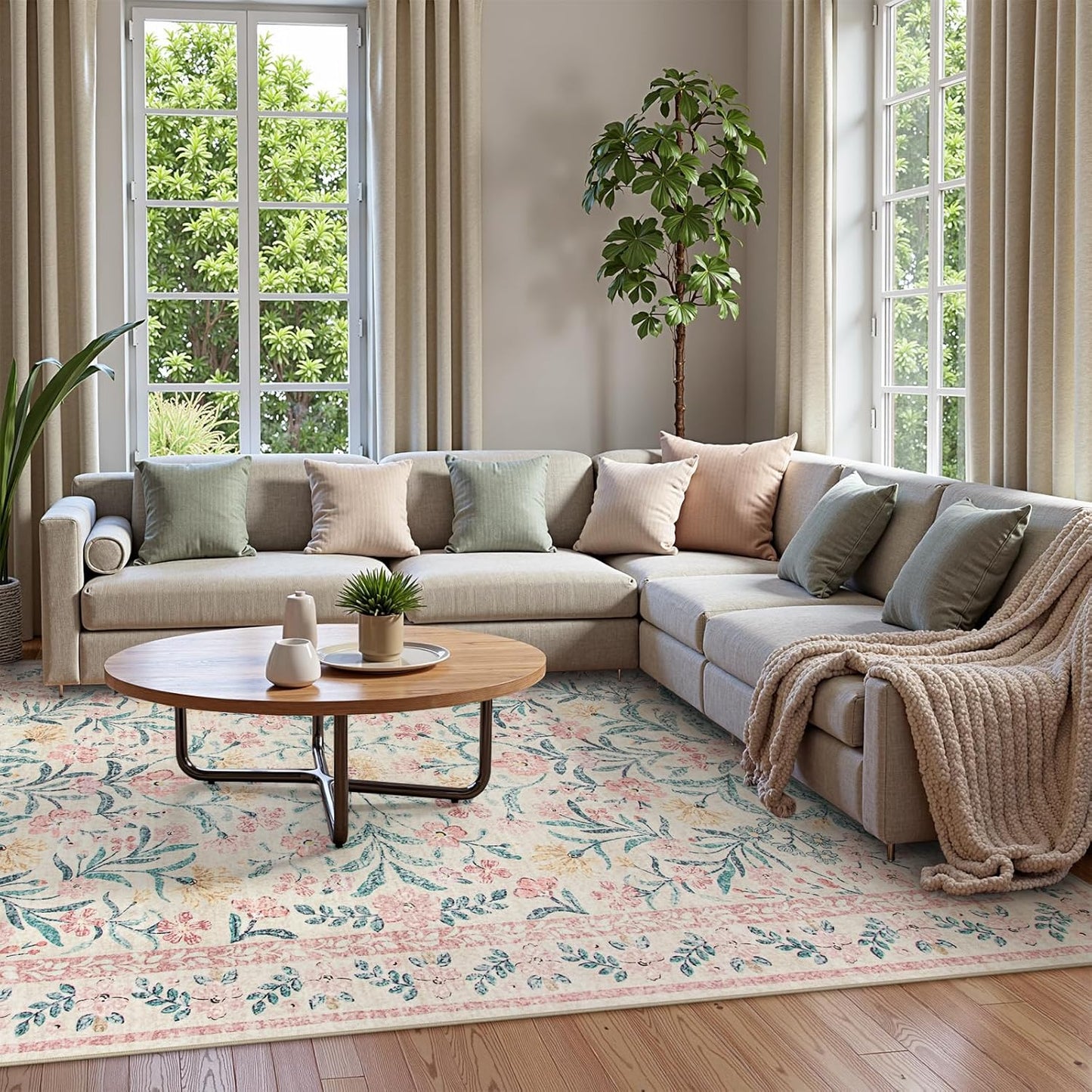 Wonnitar Machine Washable 10x14 Area Rugs, Large Living Room Rug Floral Pink and White Carpet, Boho Soft Ultra-Thin Foldable Carpets for Bedroom Dining Room Office