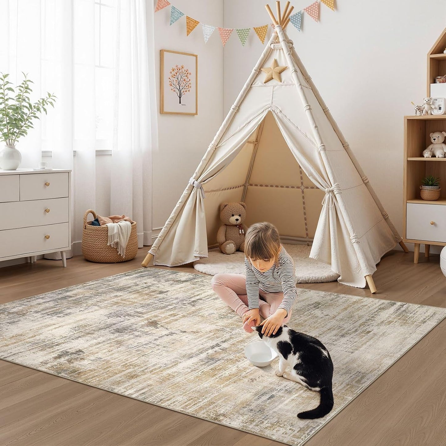 Area Rug for Living Room: 3x5 Washable Neutral Abstract Modern Soft Rugs Non Slip Indoor Floor Stain Resistant Carpet for Bedroom Dining Room Office Nursery - Golden Brown