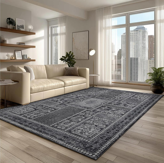 Washable Rugs 5x7 Area Rugs for Living Room, Thin Carpet for Bedroom, Soft Faux Wool Retro Dining Room Rug，Non Slip&Non-Shedding Resistant Low Pile Vintage Print Rug for Home Office (Grey)