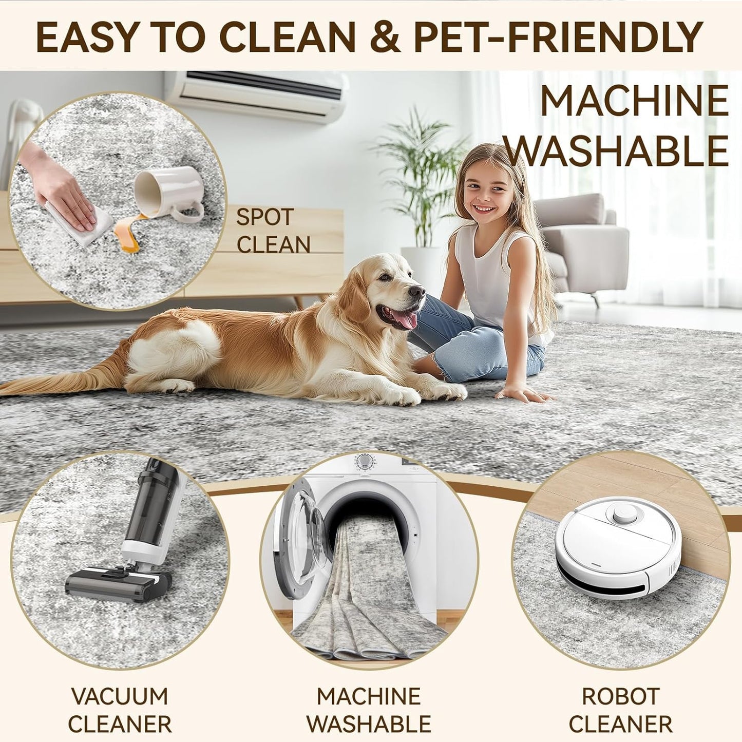 Washable Area Rugs 5'x8' Non-Slip Modern Abstract Soft for Living Room Entryway Bedroom Nursery, Print Pattern, Gray White Grey