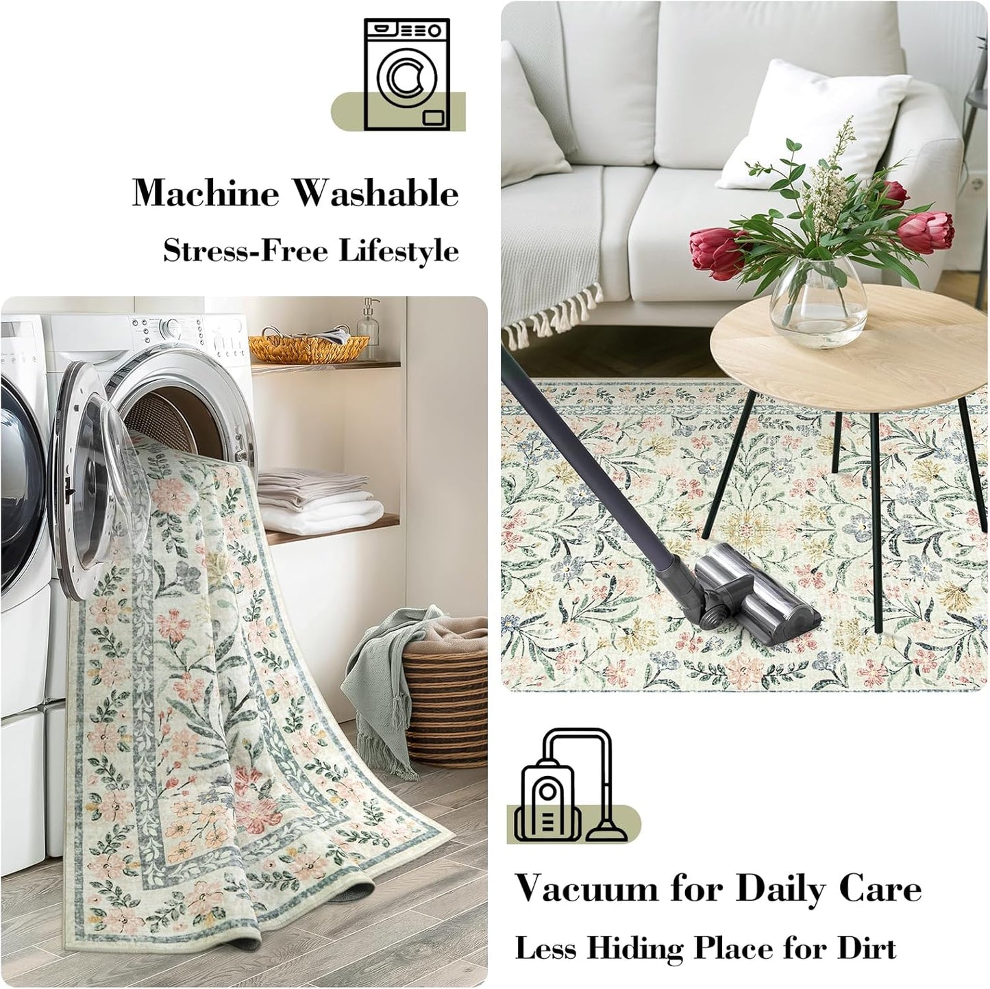 Wonnitar Washable Rug Runner 2'6''x8', Boho Floral Hallway Runner Rug 8ft Long Carpet for Bedroom, Soft Non Slip Ultra-Thin Beige Carpets for Bathroom Kitchen Bedside