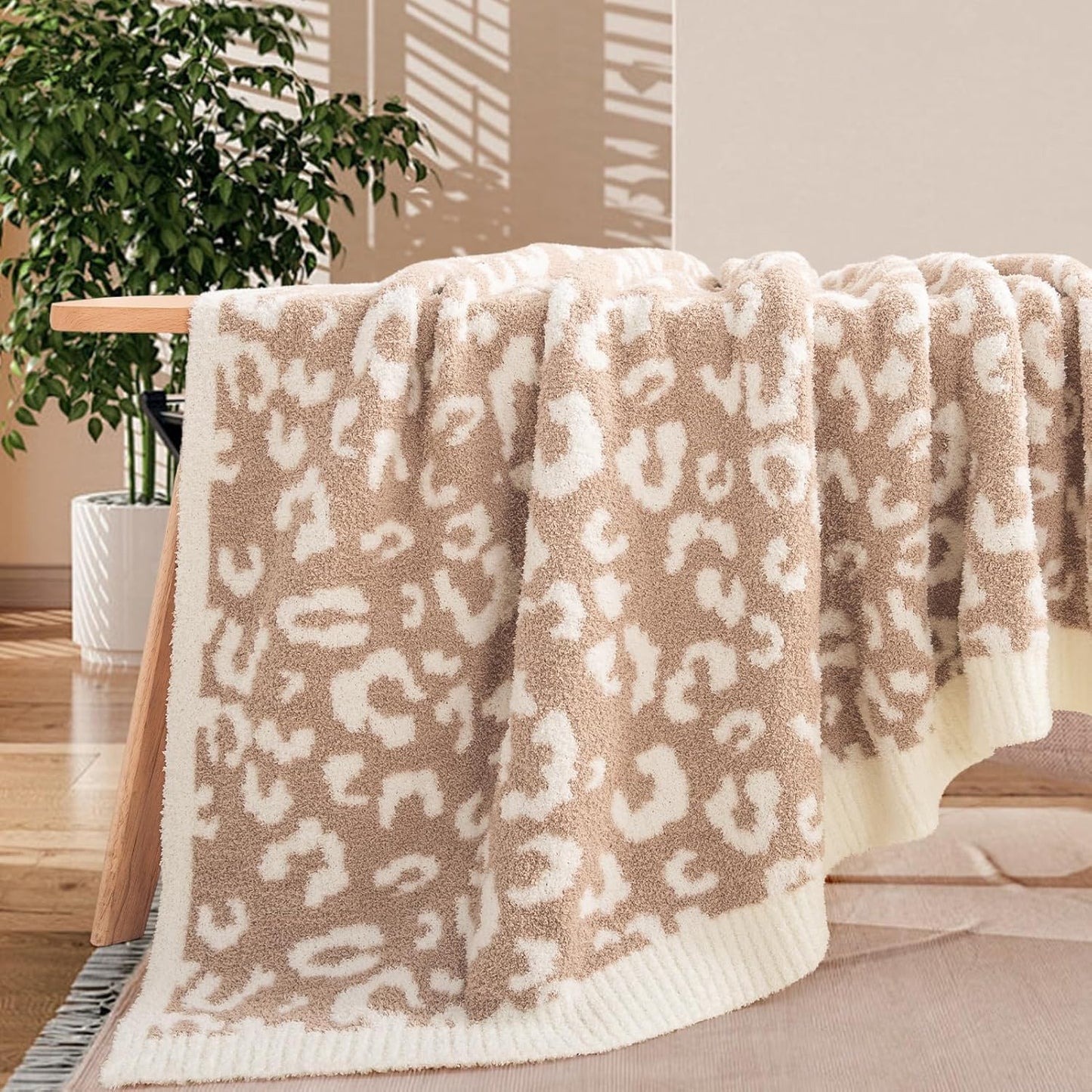 NEXHOME PRO Leopard Soft Blanket, Fuzzy Throw Blanket for Couch Bed Sofa Picnic, Knit Blankets for Women Gifts Beige 50 x 60 inches