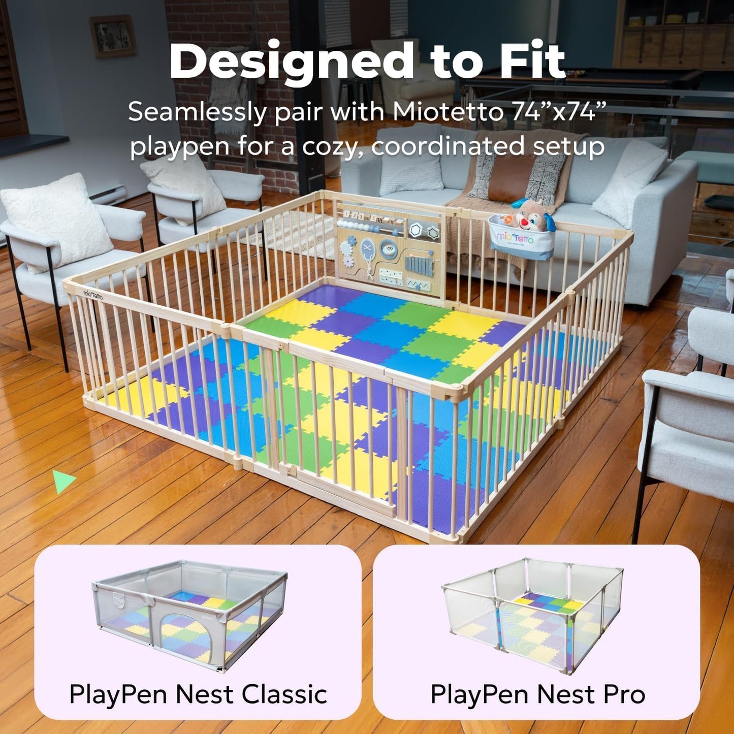 MioTetto Foam Floor Tiles for Kids - Non-Toxic Comfortable Baby Play Mat and Interlocking Foam Tiles, Fits with 74x74 Playpen Mat for Crawling & Development, Soft Play Mat for Babies 6-12 Months