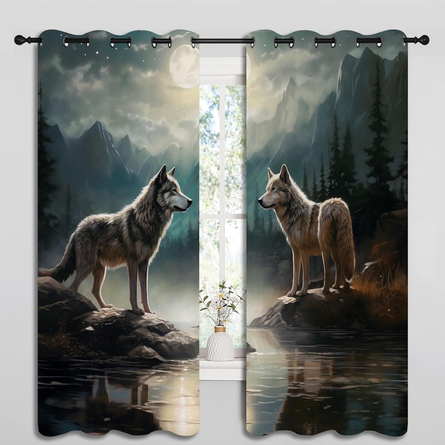Wolf Blackout Curtains for Boys Girl Bedroom Decor,Moon Mountain Pine Forest Wild Animals Thermal Insulated Grommet Drapes Darkening Window Curtain for Living Room Home 63x63 inch