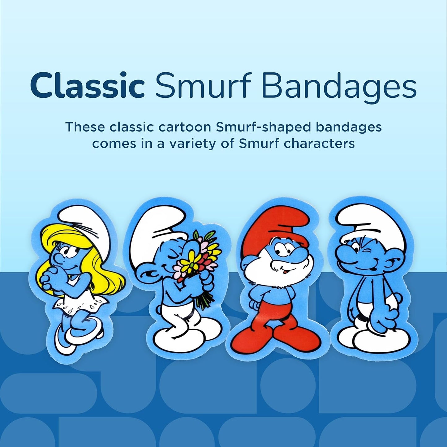 BioSwiss Bandages, The Smurfs Classic Shaped Self Adhesive Bandage, Latex Free Sterile Wound Care, Fun First Aid Kit Supplies for Kids and Adults, 50 Count Plastic Case
