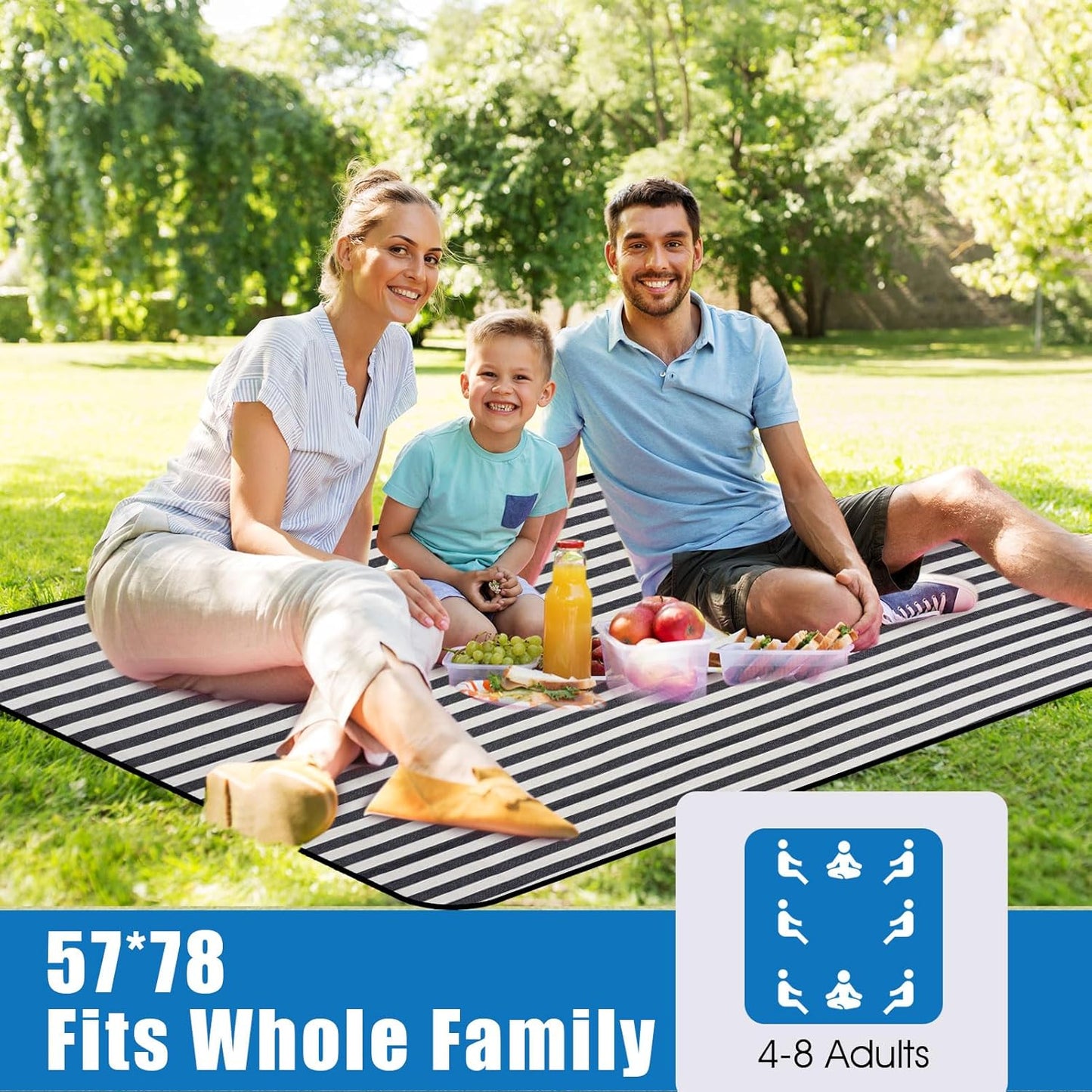 Picnic Blankets Outdoor Extra Large - Waterproof Picnic Blanket with Carry Strap | Machine Washable Picnic Mat with Sandproof Backing for Park,Grass,Hiking,Travel,Concerts,Indoor(Aegean Blue)