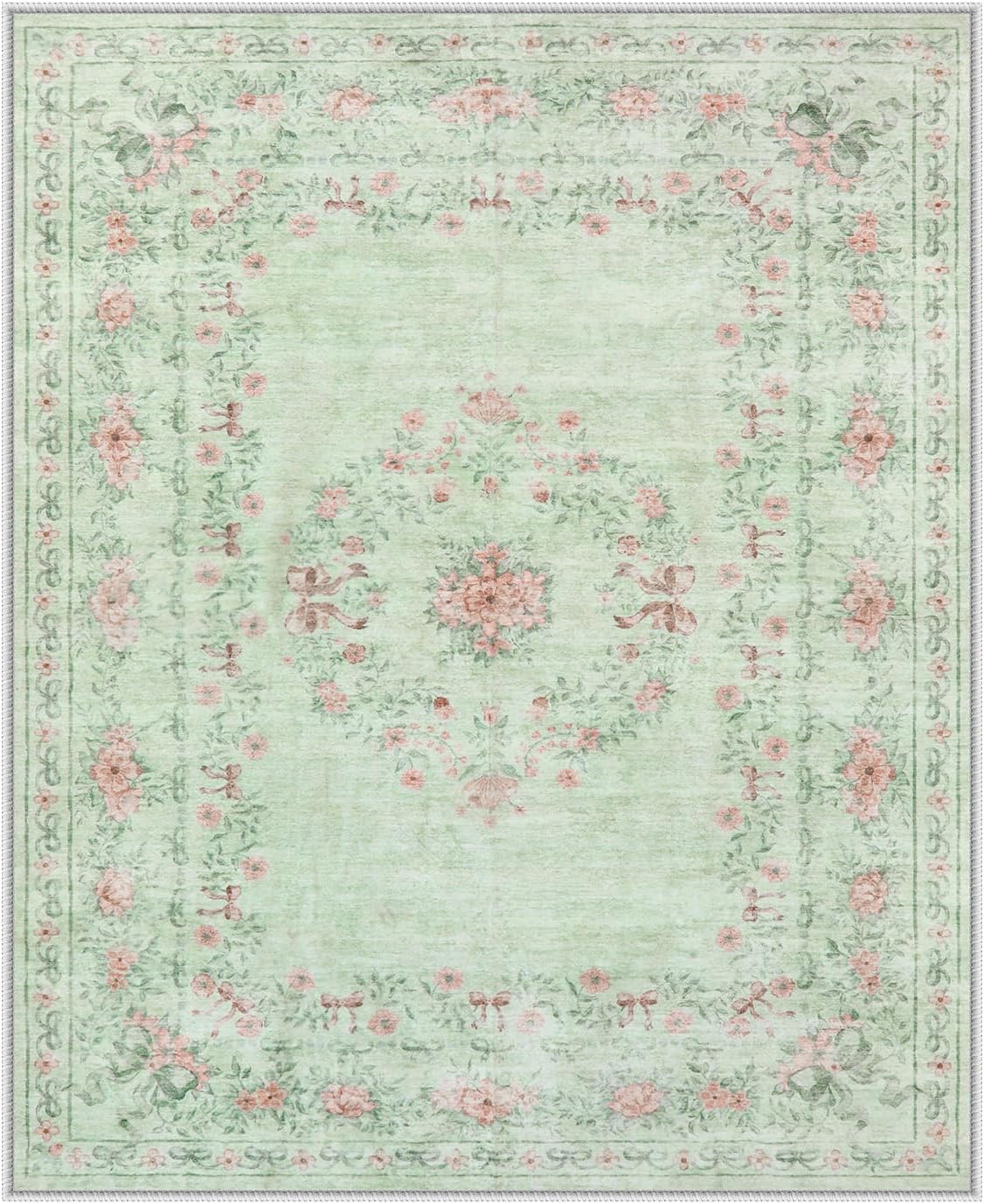 Wonnitar Green Area Rug for Living Room, Floral Bow 8x10 Washable Rug, Ultra-Thin Non Shedding Soft Boho Carpet for Bedroom Dining Room Playroom Dorm, Light Green