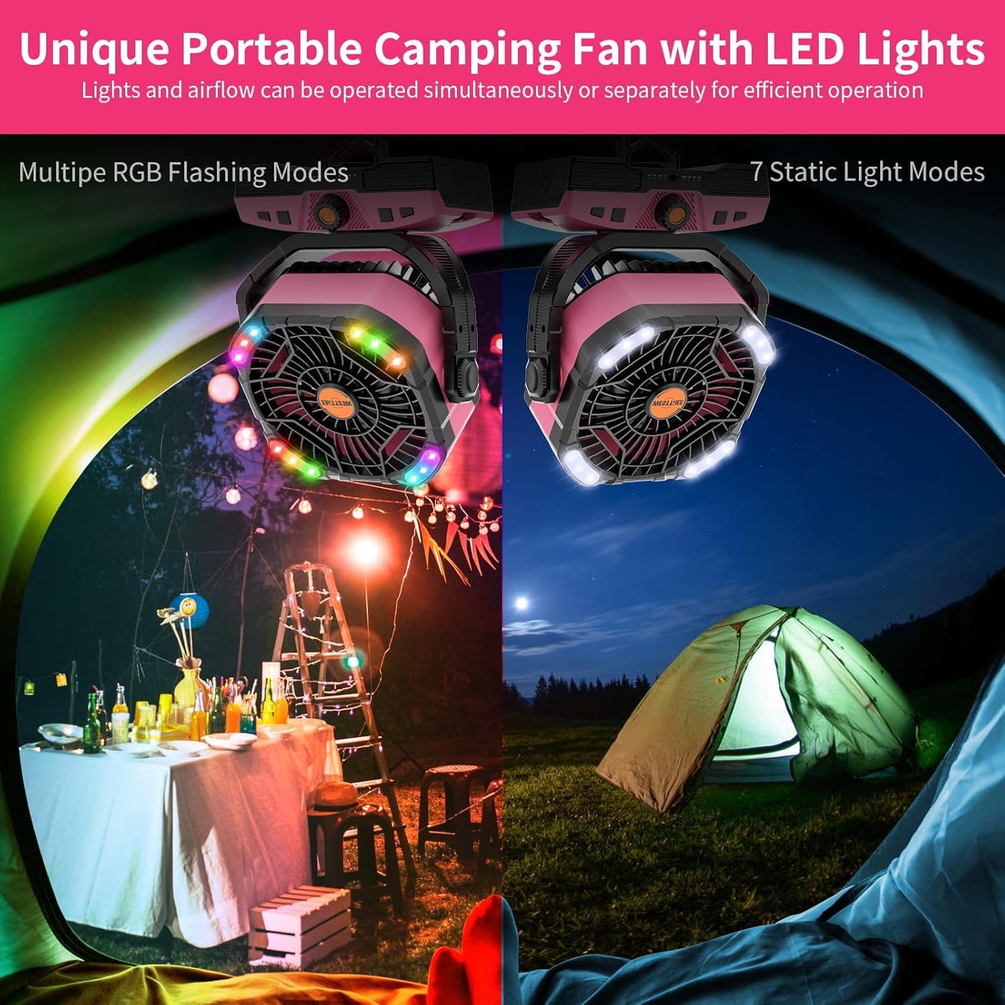 Camping Fan Oscillating Portable Fan 20000mAh Battery Powered Fans Rechargeable Camping Tent essentials Light Hook 270° Pivot USB Desk Outdoor Battery Operated X68 Pink