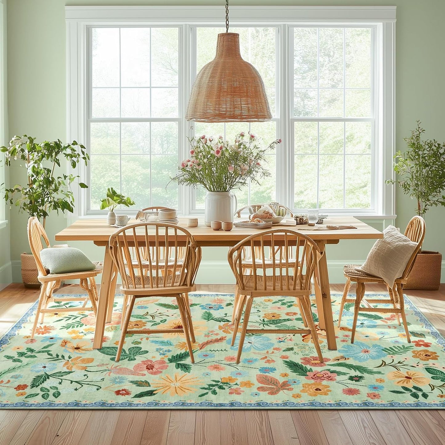6x9 Area Rugs for Living Room Machine Washable Non Alip Ultra-Thin Spring Garden Area Carpet Soft Boho Vintage Floral Print Sage Green Accent Rugs for Bedroom Family Room Nursery Kids Playroom