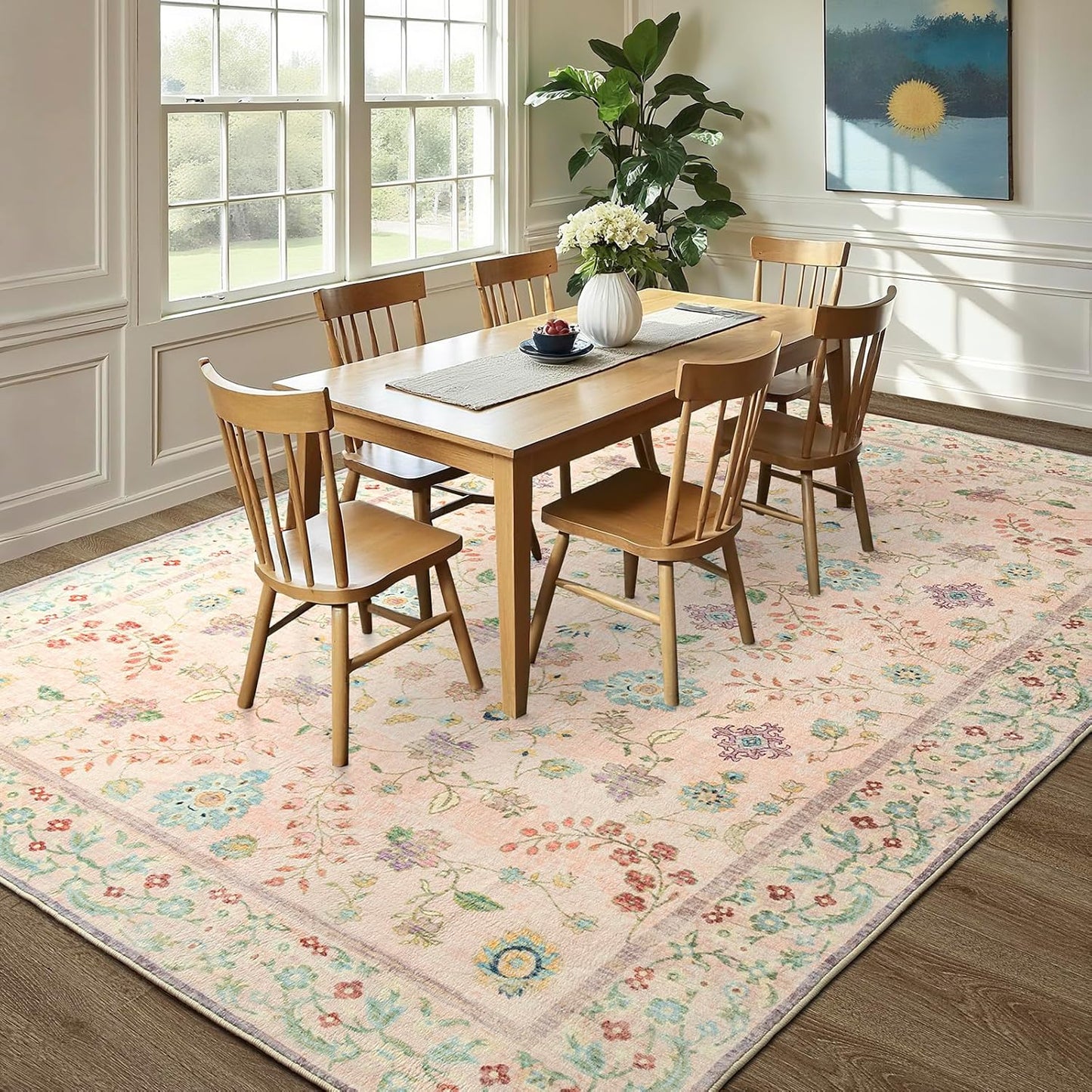 LOCHAS Washable Area Rugs 4x6, Pink Floral Rug for Living Room Bedroom Non Slip, Ultra Soft Vintage Indoor Carpet for Kids, Nursery, Dorm, Dining Room, Classroom, Boho Flower Home Decor, Low-Pile