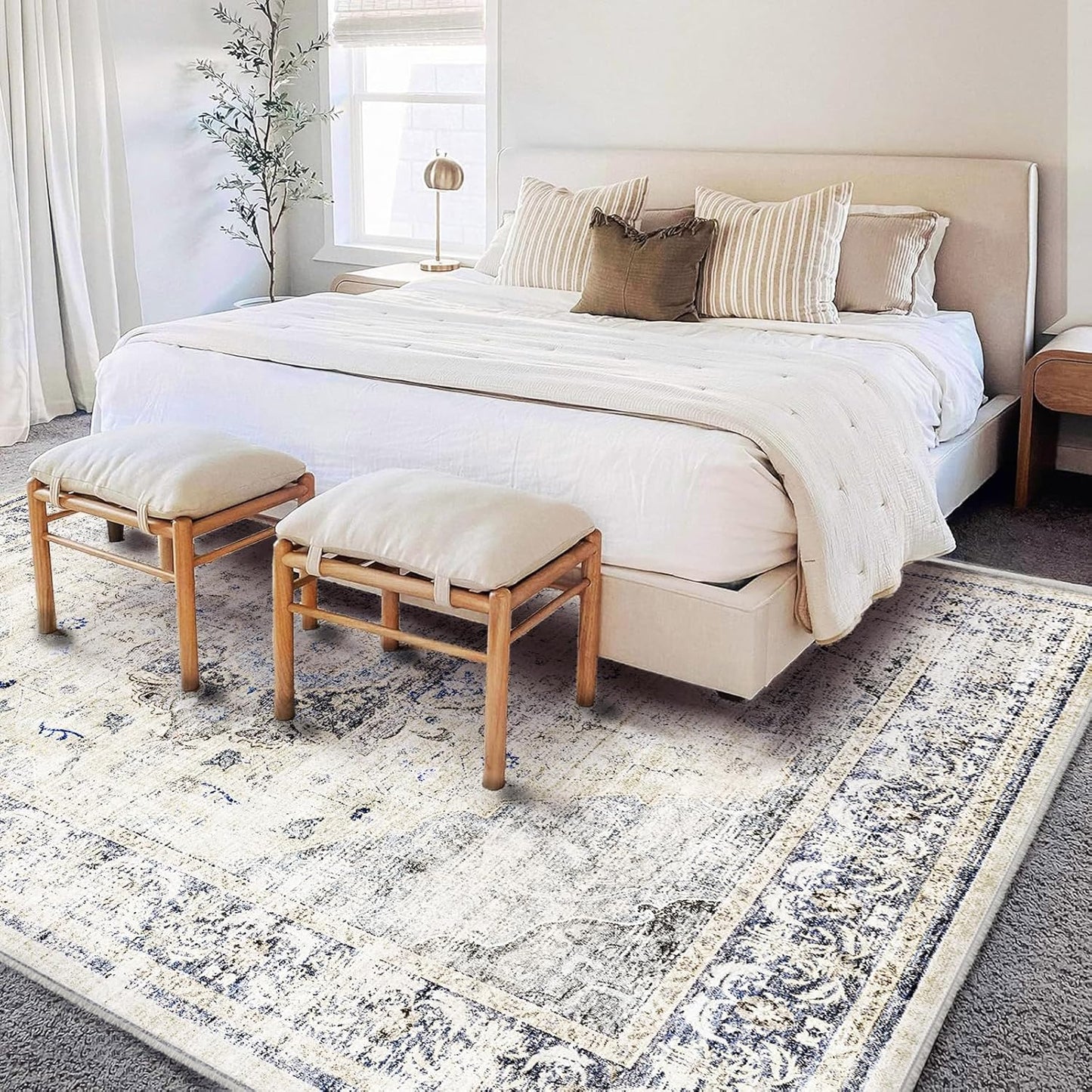 Washable Area Rug 9'x12' Floral Blue Boho Design Non-Shedding Easy Care Ideal for High Traffic Areas in Living Room Bedroom Office Coffee Table Kitchen Large Carpet