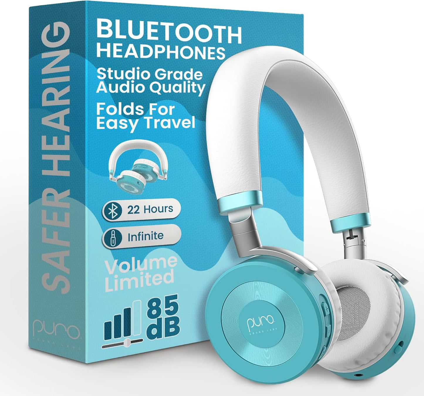 Puro Sound Labs JuniorJam Plus Volume-Limiting Wireless Bluetooth Headphones for Kids, Secure Audio with Adjustable On-Ear Design, 22-Hour Battery, Ideal for Tablets, Smartphones & PCs - Teal