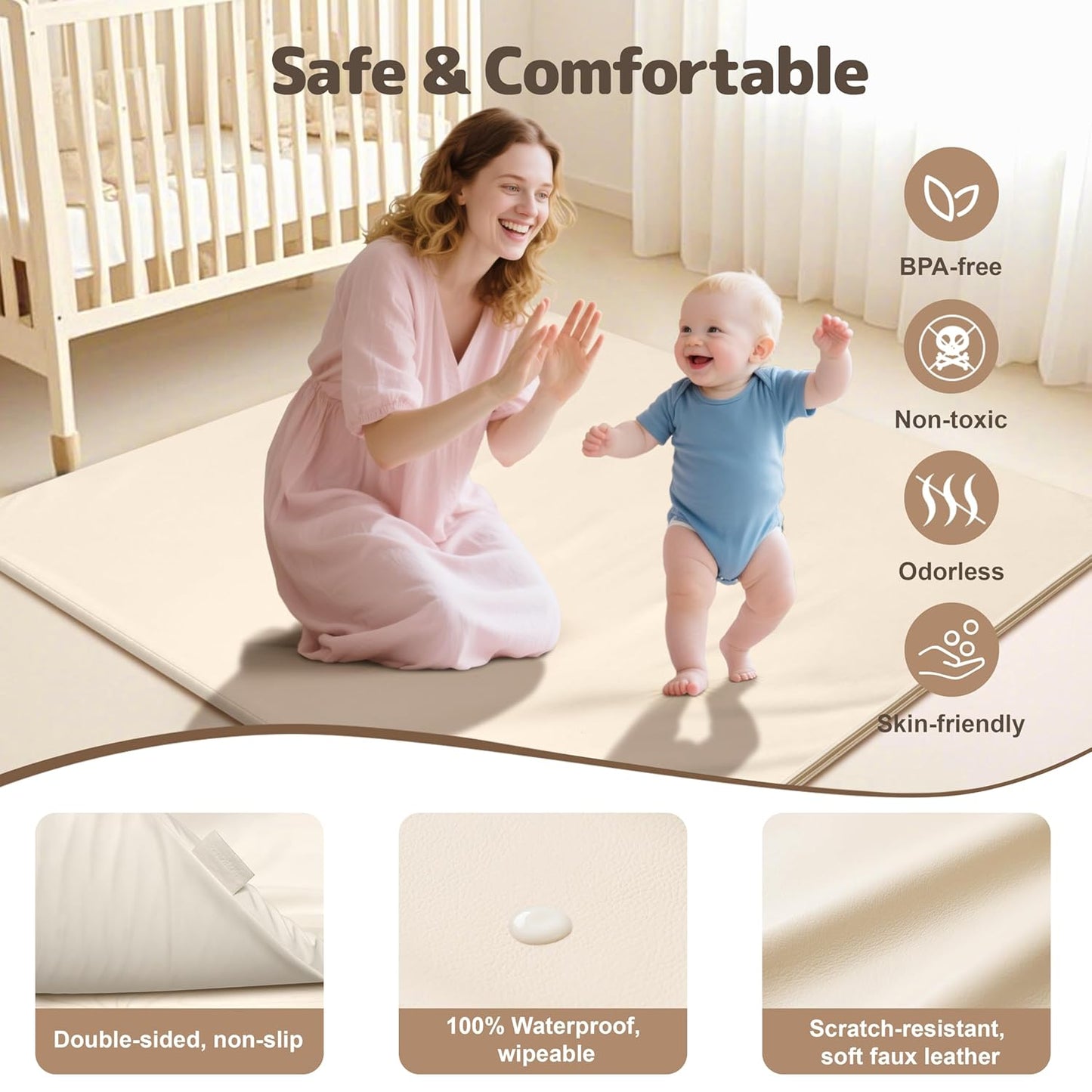 Baby Play Mat 47x47 Inches, Extra Thick 1.2" Foam Floor Mat for Tummy Time & Crawling, Waterproof Non-Slip Faux Leather Playpen Mat for Infants Toddlers, Indoor Outdoor Gym Activity, Beige