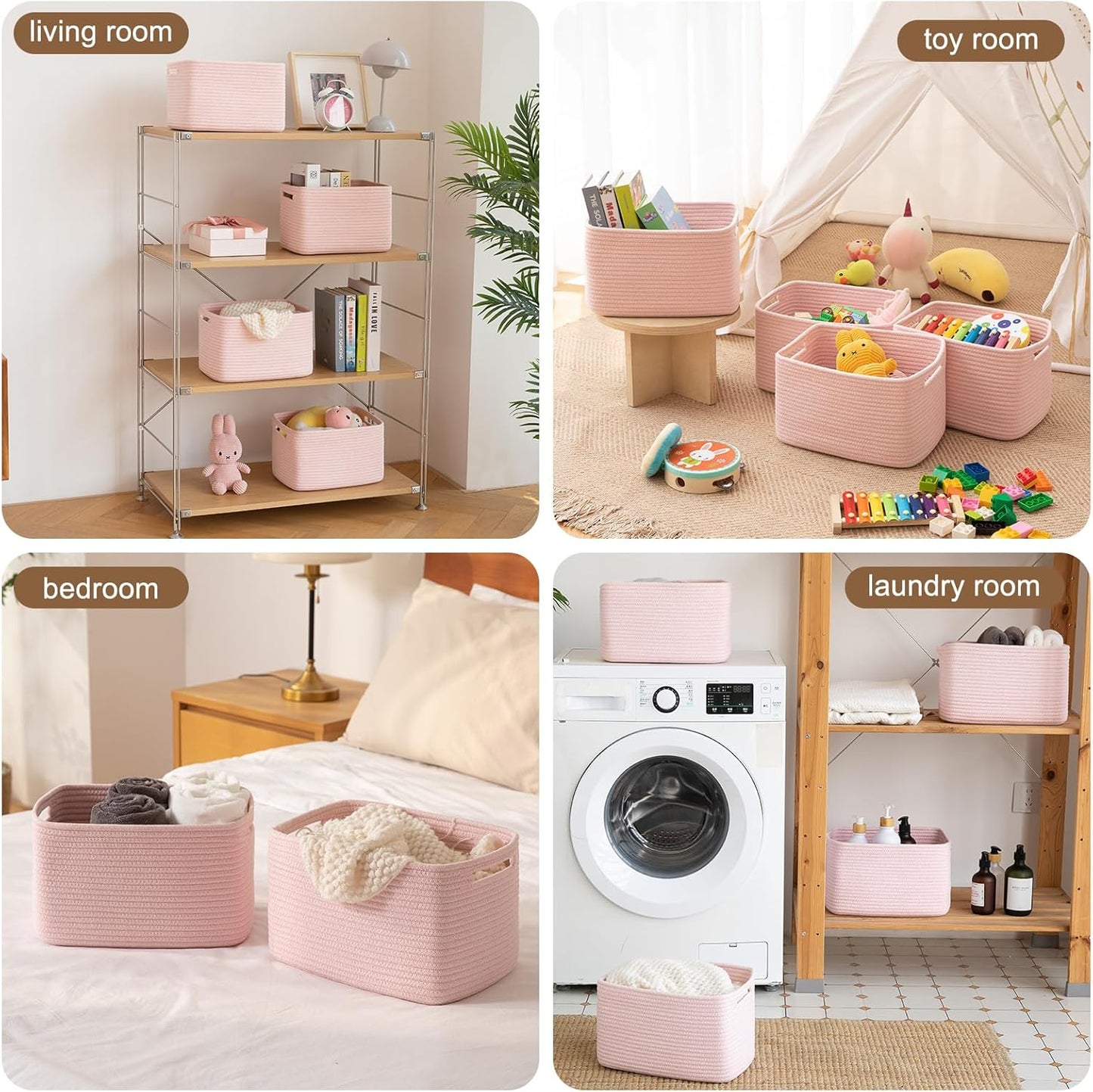 Storage Baskets for Organizing, Woven Decorative Baskets for Shelves - Books, Towels, and Clothes, Cotton Rope Toy Storage Bins, 12.7''Lx9''Wx7.8''H, Pack of 4, Pink
