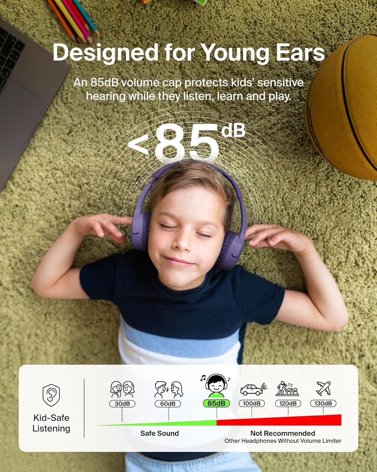 Belkin SoundForm Mini - Wireless Bluetooth Kids Headphones, 30H Battery, 85dB Safe Volume Limit, Built-in Microphone - Toddler On-Ear Earphones for iPhone, iPad - Ideal for School - Purple w/Case