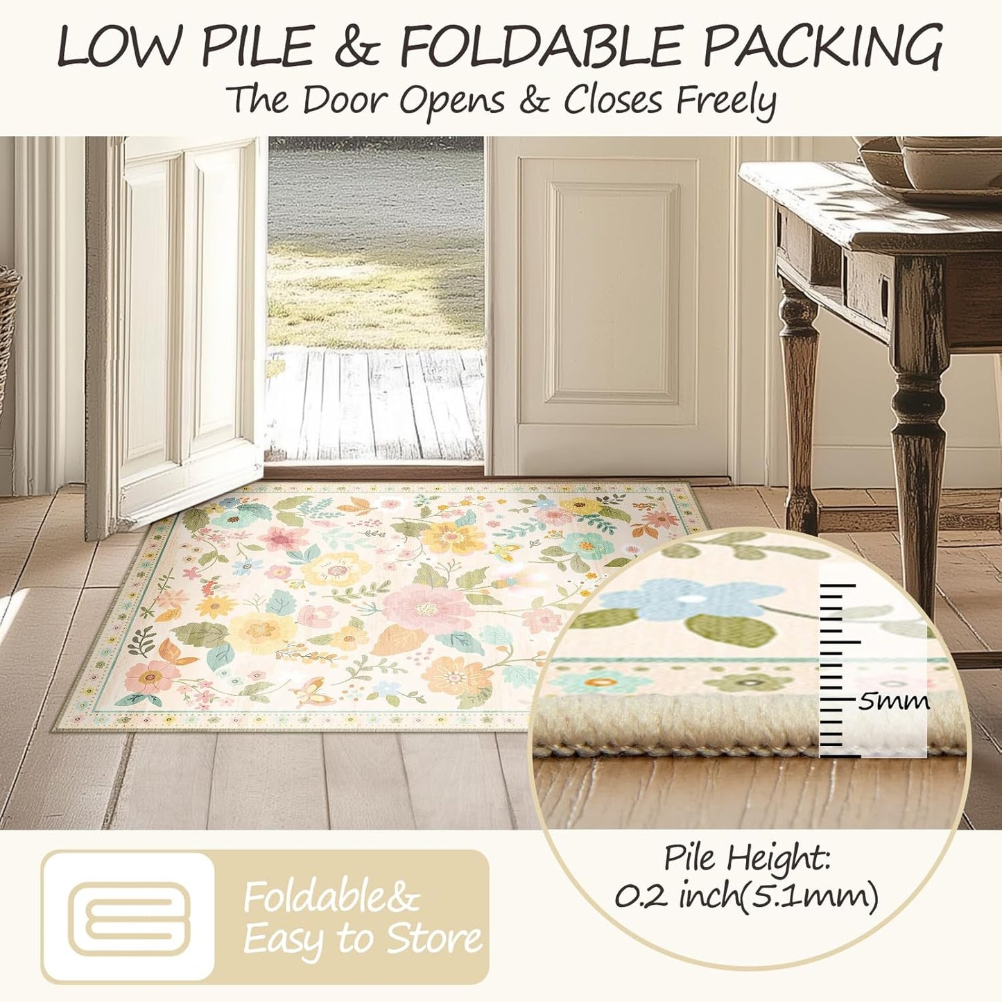Floral 5x7 Area Rug Machine Washable Soft Print Boho Carpet Non Slip Doormat Low Pile Flower Area Rugs for Living Room Bedroom Nursery Kitchen Dining Room Indoor-Beige/White/Orange