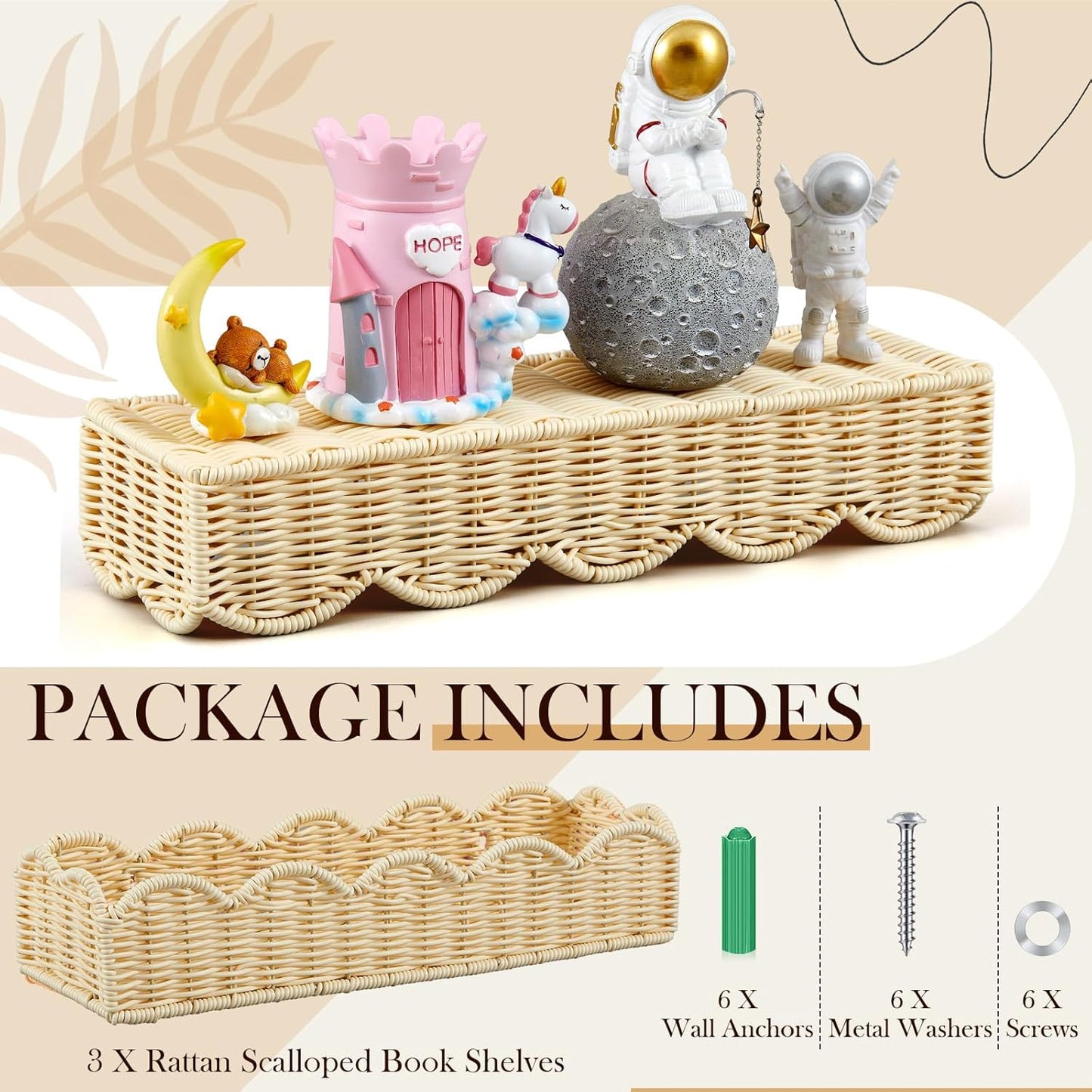 Pinkunn 3 Set Nursery Book Shelves Scalloped Rattan Wall Shelf 15.8 x 3.2 Inch Wall Mounted Plastic Floating Book Shelve, Hanging Boho Wicker Woven Shelf for Nursery Decor and Storage (Boho Beige)