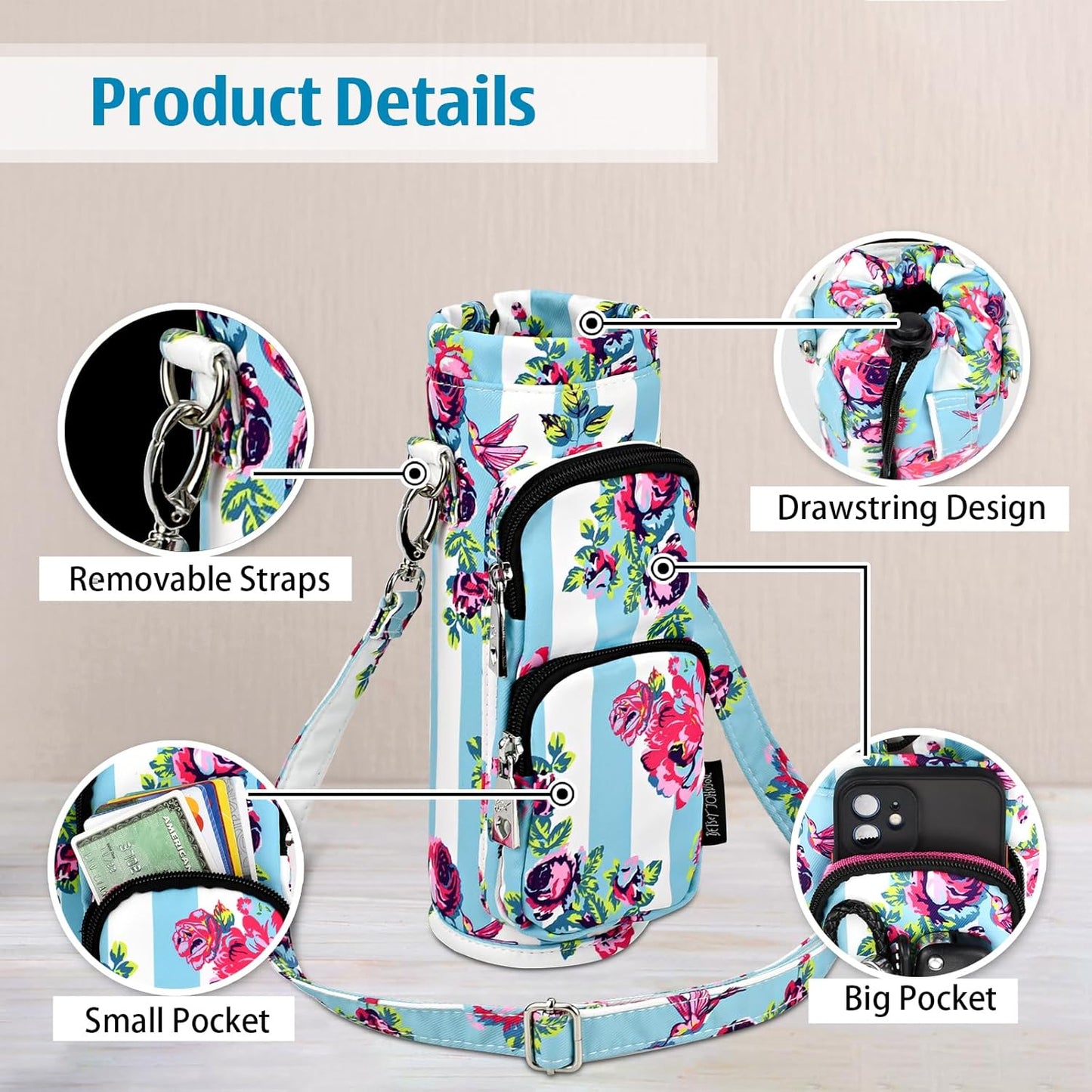 Betsey Johnson Insulated Water Bottle Pouch Holder Carrier Crossbag with Adjustable Shoulder Strap - Lightweight Polyester Accessories with Pockets Good for Hiking Sports