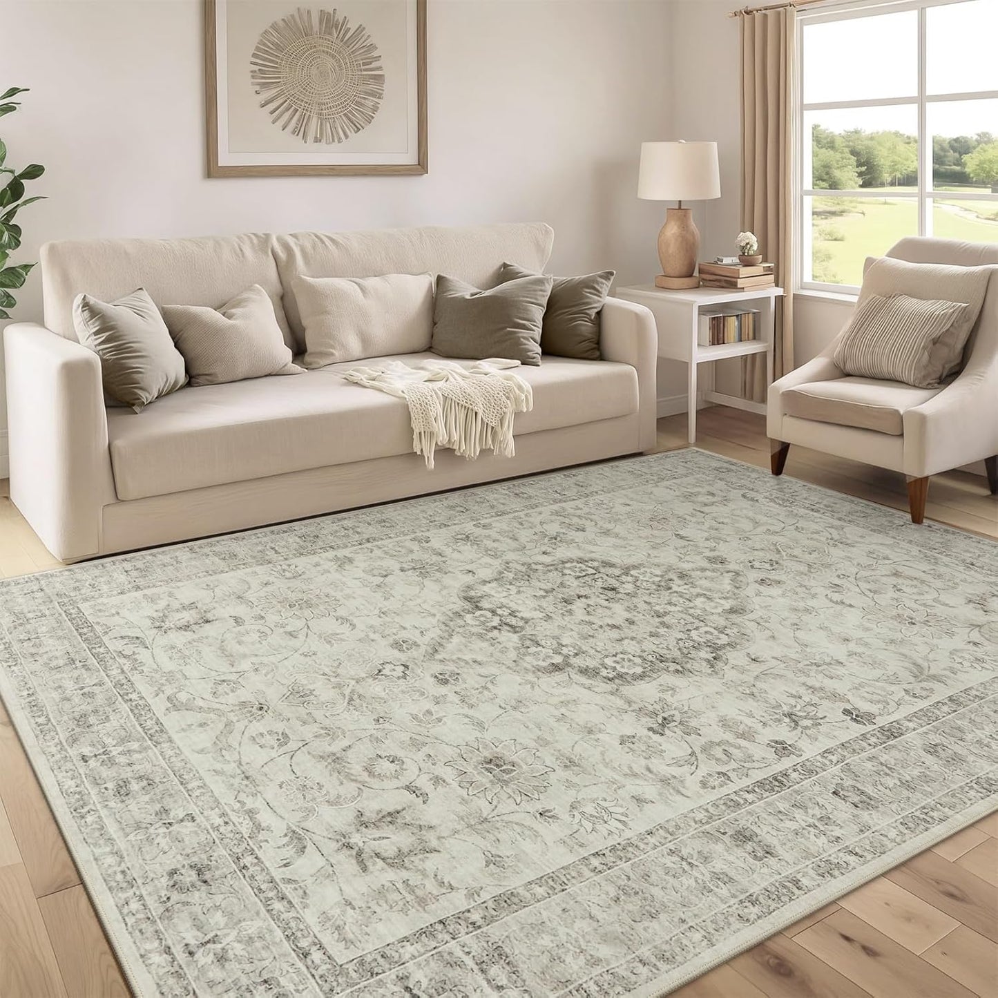 LIVEBOX Washable Area Rug 6x9 Rugs for Living Room Dining Room Under Table, Non-Slip Boho Indoor Carpet for Bedroom, Low-Pile Farmhouse Soft Carpets for Nursery Room Playroom, Taupe