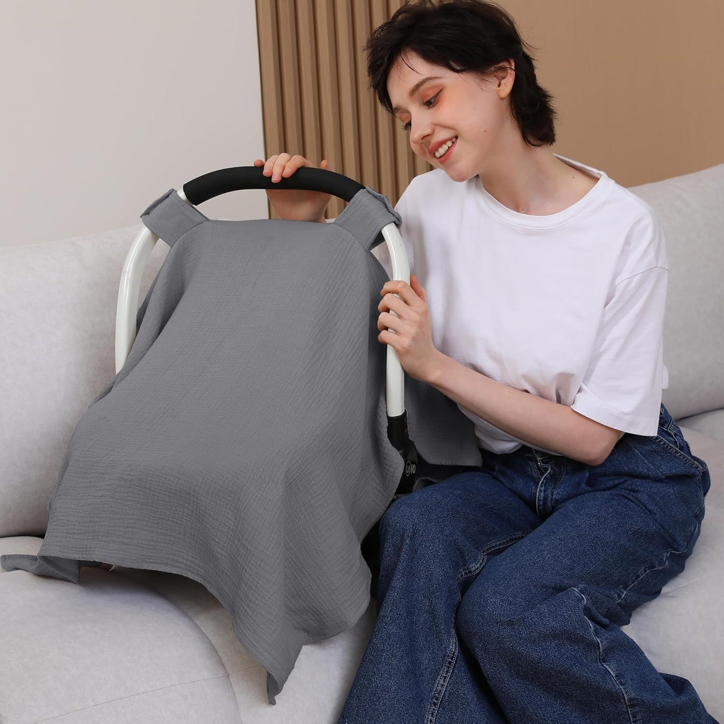 100% Muslin Cotton Car Seat Cover Baby, Carseat Canopy Cover, Universal Fit Stroller Covers for Boys and Girls (Grey)