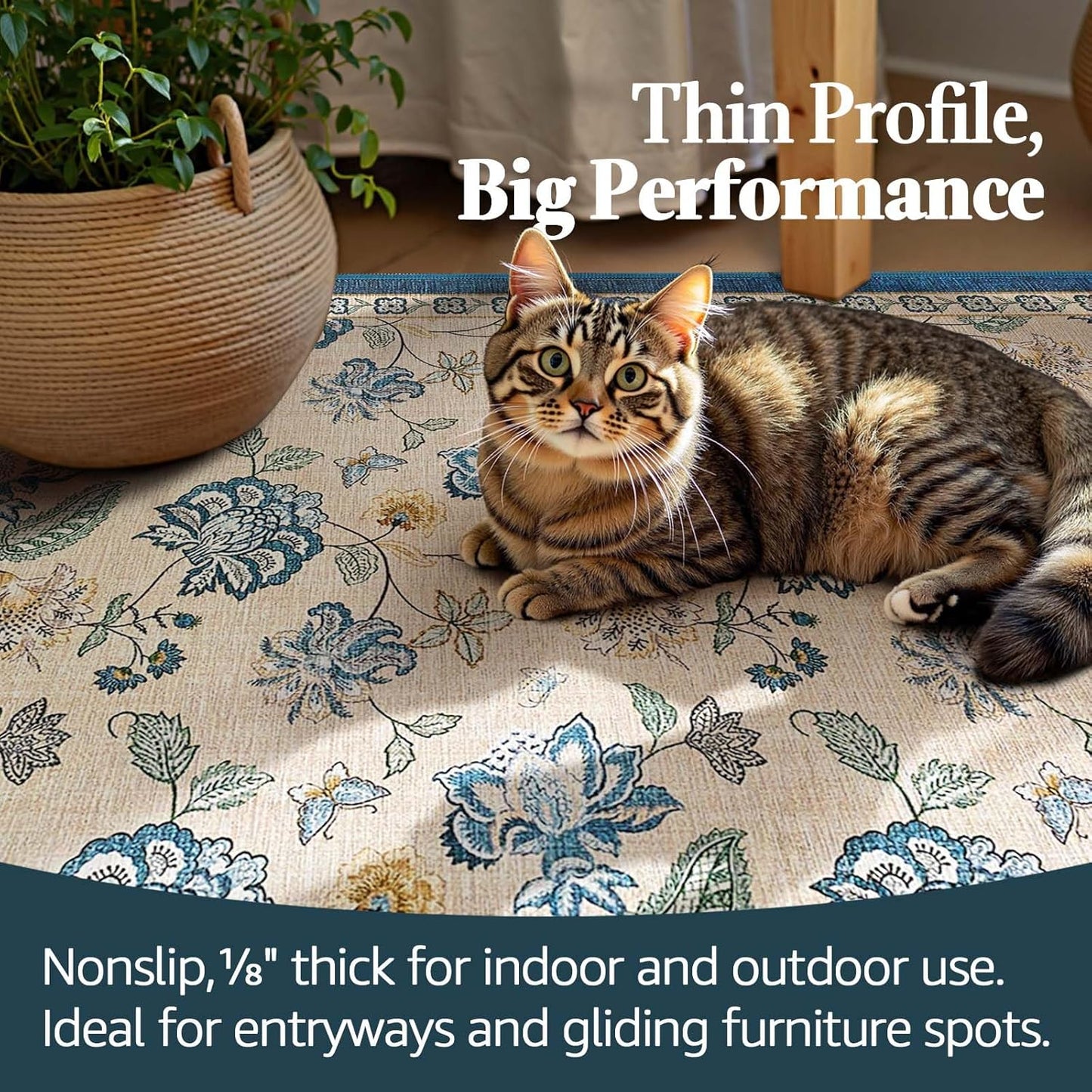 jinchan Floral Corner Rug for Kitchen Washable Nursery Rug Vintage Romance Design Non Slip Quarter Circle Lightweight Low-Pile Throw Carpet for Playroom Reading Nook Office, 5ft Radius, Blue/Beige