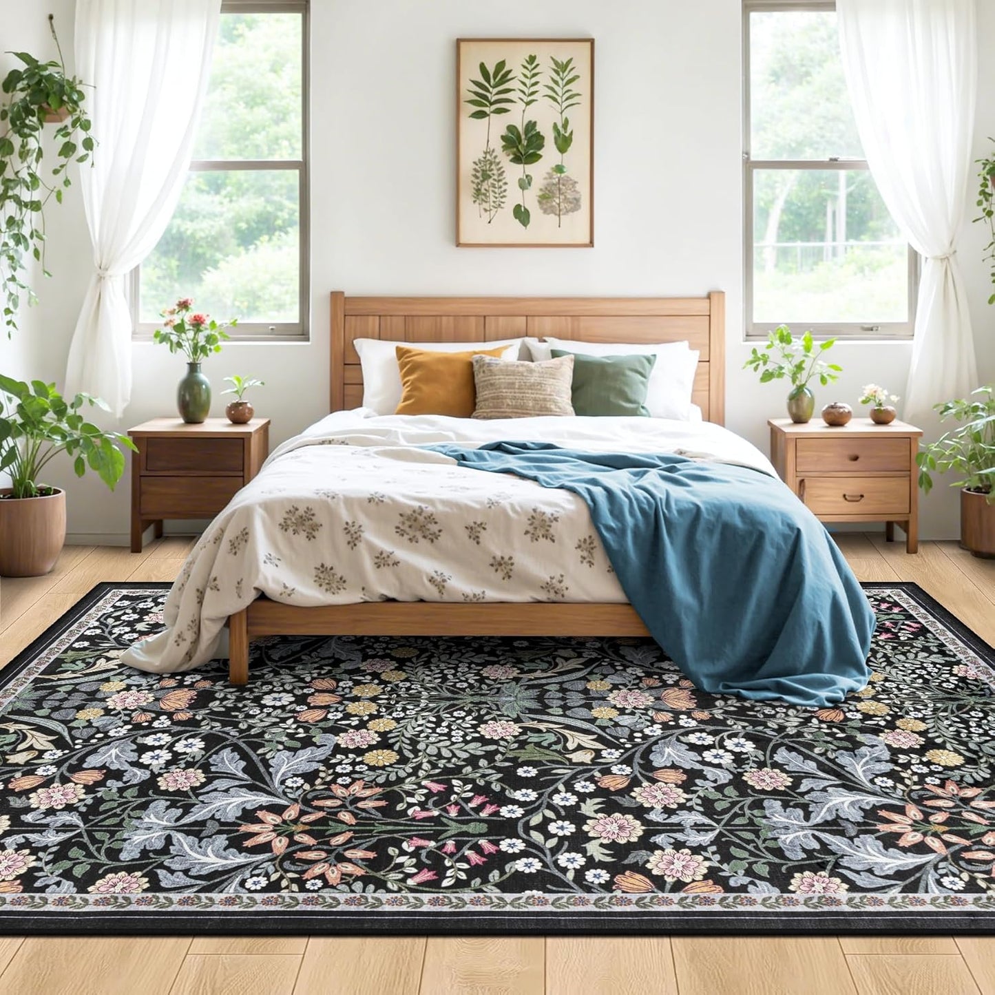Area Rugs 9x12 Living Room: Floral Washable Rug Vintage Large Soft Boho Non-Slip Carpet Indoor Stain Resistant Low Pile Carpets for Bedroom Dining Room Farmhouse Nursery Hallway Home Office Dark Black