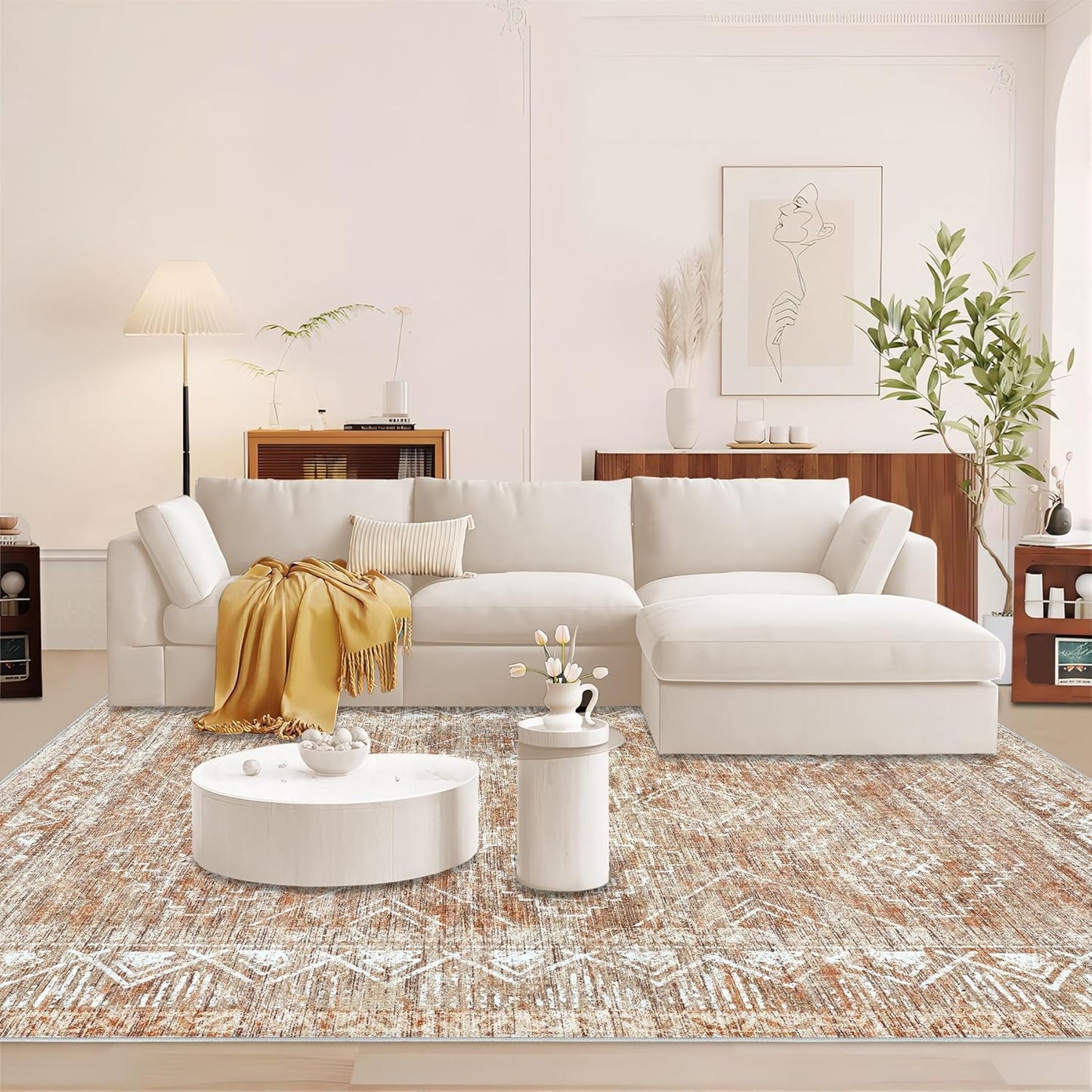 Moroccan Large Area Rug 5x7 - Soft Machine Washable Geometric Boho Distressed Farmhouse Rug Morden Stain Resistant Indoor Floor Carpet for Bedroom Dining Table Nursery Home Office (5 x 7, Brown)