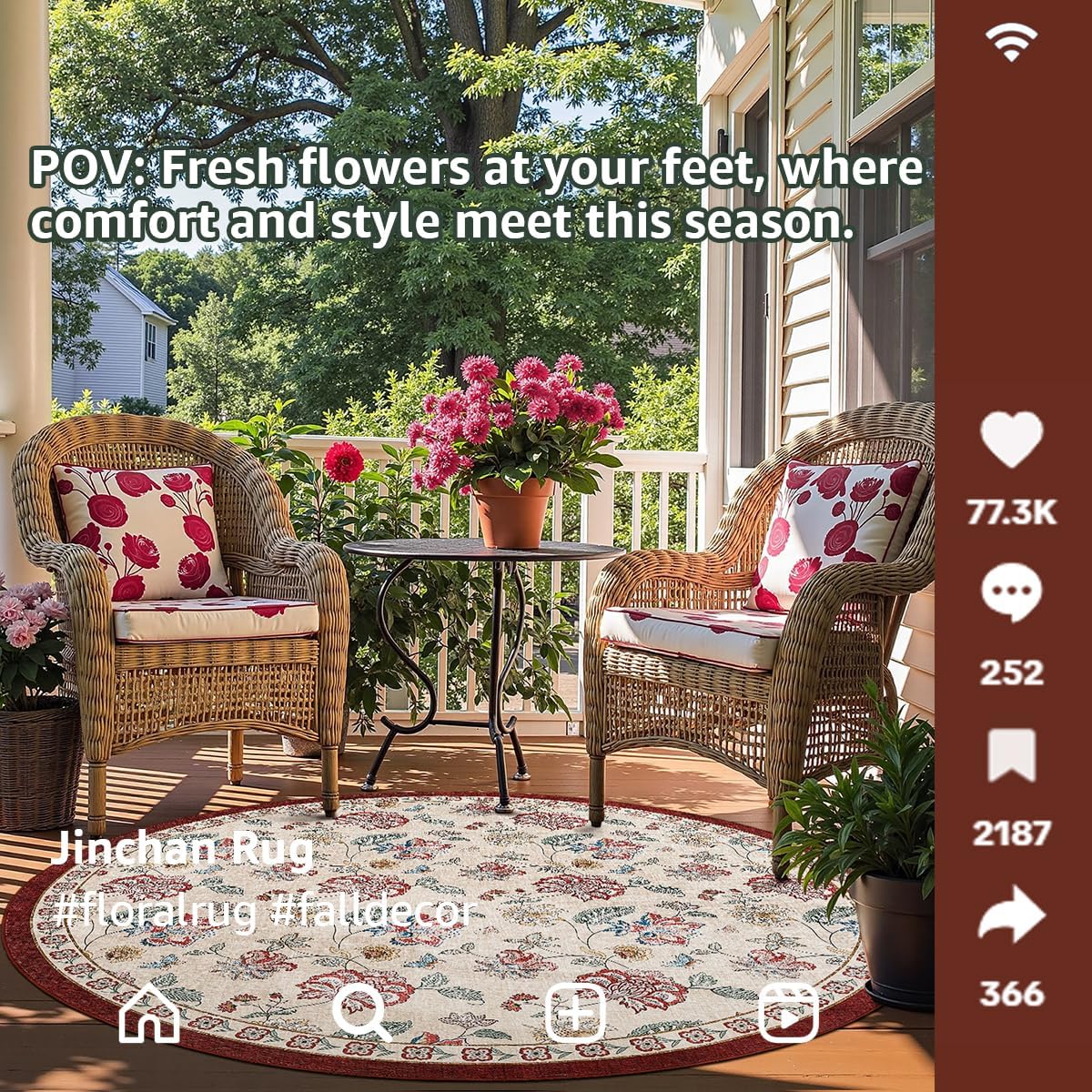 jinchan 6ft Floral Round Rug for Dining Room Washable Living Room Rug Vintage Romance Design Non Slip Indoor Floor Cover Lightweight Low-Profile Throw Carpet for Bedroom Porch Patio, Red/Beige