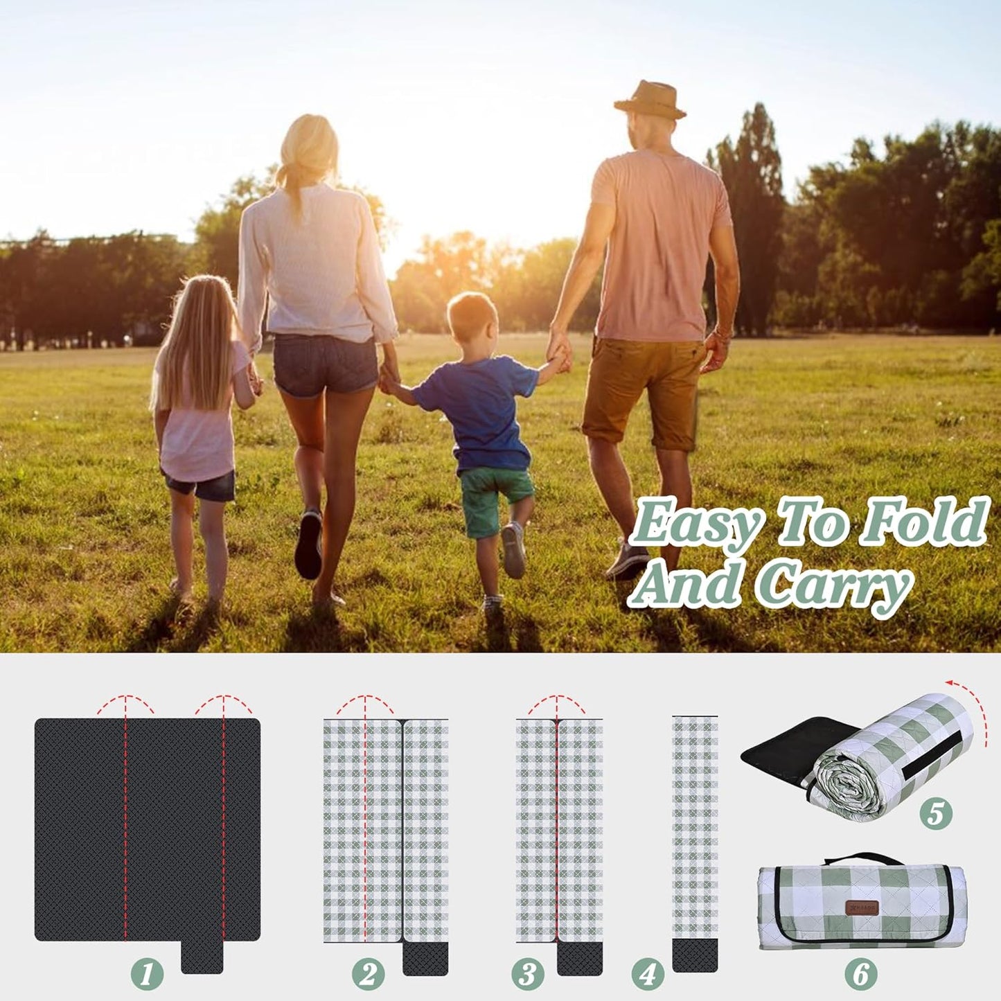 HX&OD Outdoor Picnic Blanket, Extra Large, 80''x80'' Waterproof Foldable Blankets Gingham Picnic Mat for Beach, Camping Grass Lawn Park Accessories Cute Couple Ideas Wedding (Green, 80”x80”)