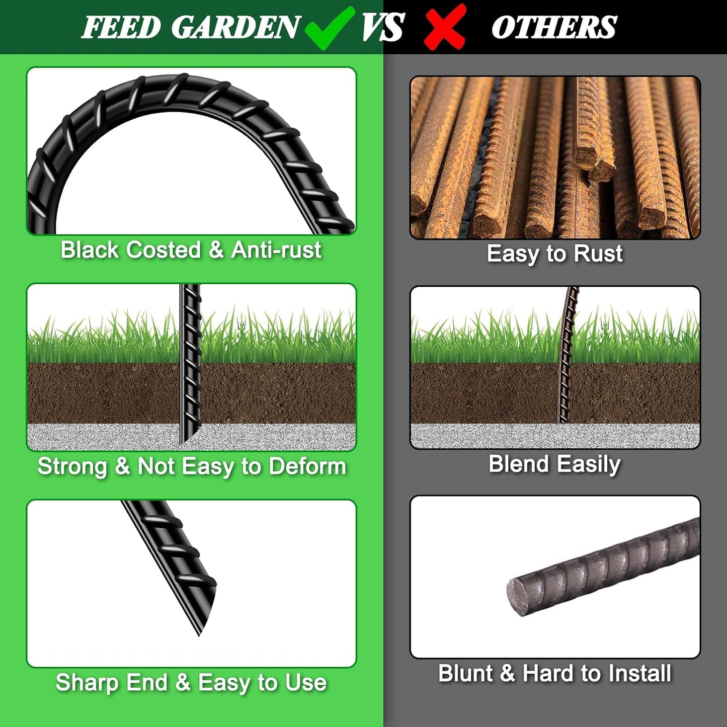 FEED GARDEN 16 Inch 8 Pack Rebar Stakes Heavy Duty J Hook, Galvanized Steel Ground Stakes Tent Stakes Ground Anchors, Chain Link Fence Stakes, Trampoline Stakes, Black