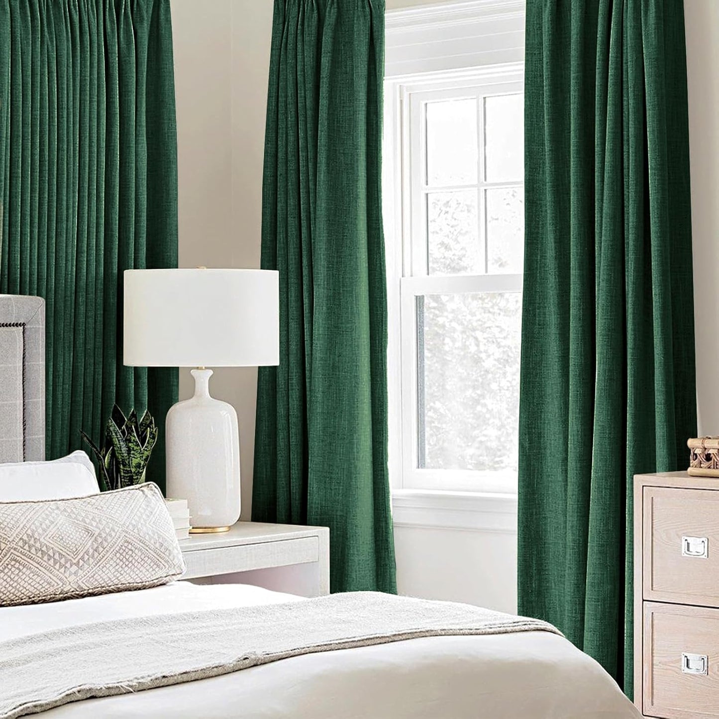 MIULEE 100% Blackout Linen Curtains for Bedroom Thermal Insulated Emerald Green Grommet Room Darkening Curtains & Drapes Christmas Decor for Living Room Nursery 52 x 96 Inch (2 Panels)