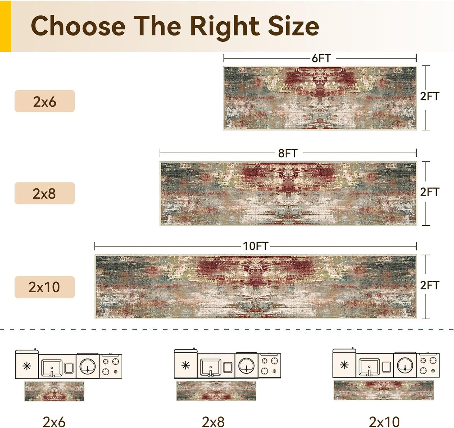 Washable Area Rugs 2'x6' Non-Slip Modern Abstract Soft for Living Room Entryway Bedroom Nursery, Print Pattern, Brown Rust Red Multi