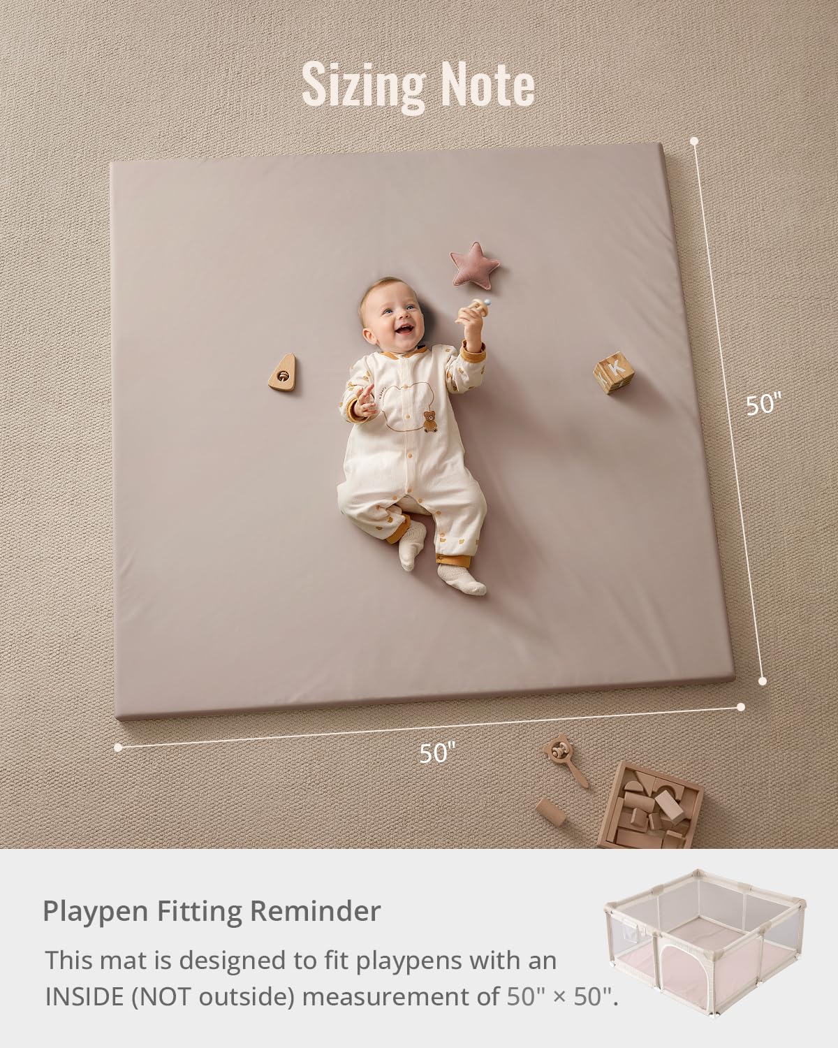 Blissful Diary Vegan Leather Baby Play Mat, 50x50 Thicken Foam Cushioned & Waterproof Playpen Mat for Infants and Toddlers, Stylish and Just Wipe-Clean Playmat for Baby Play on Floor, Brown Gray