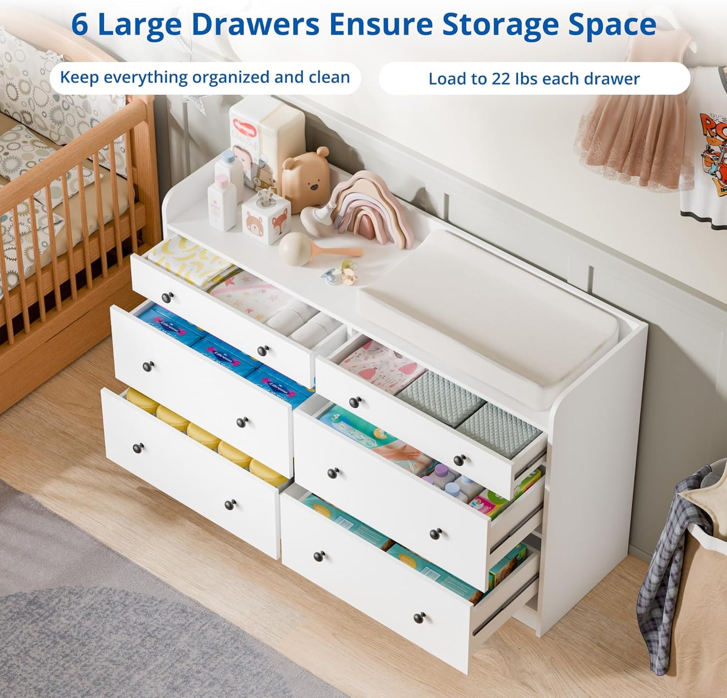 Cozy Castle Baby Dresser with 6 Drawers and Large Table Top, Multi-Functional Chest of Drawer, Drawer Dresser with Three-Sided High Rails for Nursery, Children's Room, Bedroom, White