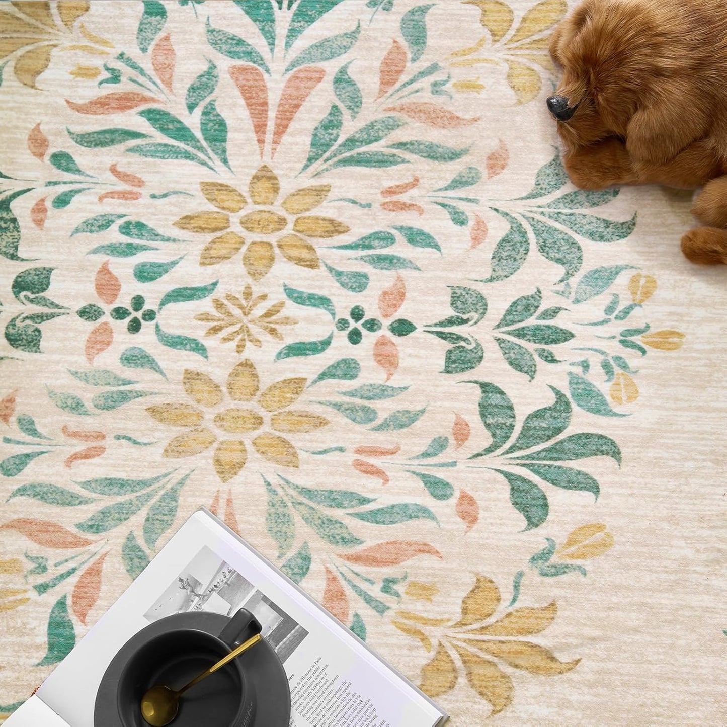 jinchan Round Rug 7ft Area Rugs,Vintage Floral Distressed Design Machine Washable Soft Non-Slip Low-Pile Ultra-Thin Circle Rug for Living Room Dining Room Bedroom Home Office (7' Round,Apricot Multi)