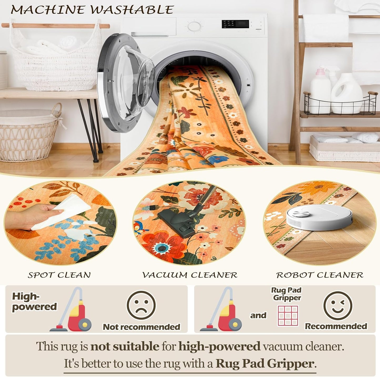 Floral 6x9 Area Rug Machine Washable Soft Print Boho Carpet Non Slip Doormat Low Pile Flower Area Rugs for Living Room Bedroom Nursery Kitchen Dining Room Indoor-Yellow/Orange