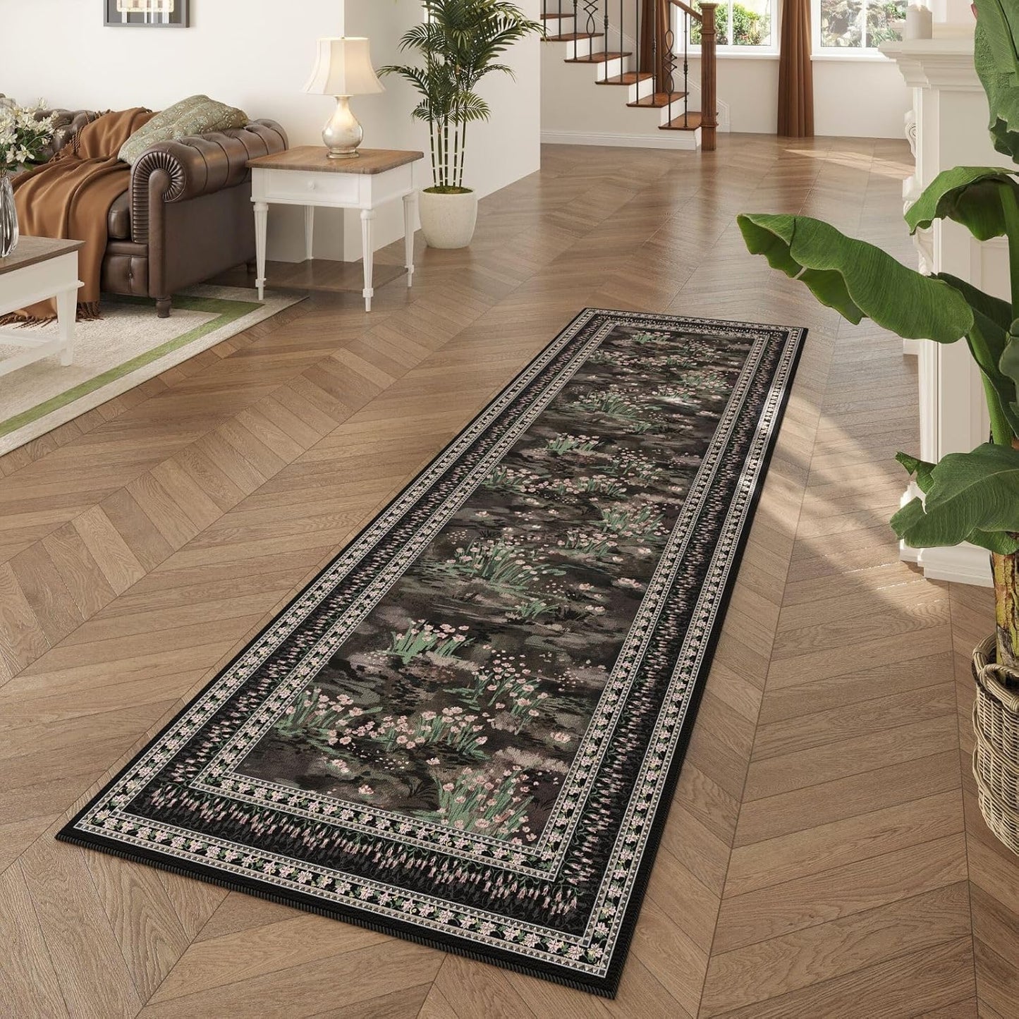 Runner Rug Impressionist-Style Vintage Kitchen Rugs Non Slip Washable Soft Carpet Runner for Kitchen Laundry Bedroom Bathroom, Black