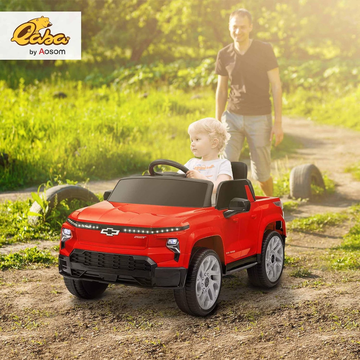 Qaba 12V Kids Ride on Truck, Chevrolet Silverado EV RST Licensed Electric Car with Parent Remote Control, Back Storage, Spring Suspension, Soft Start, Auxiliary Wheels, LED Lights, Music, MP3, Red