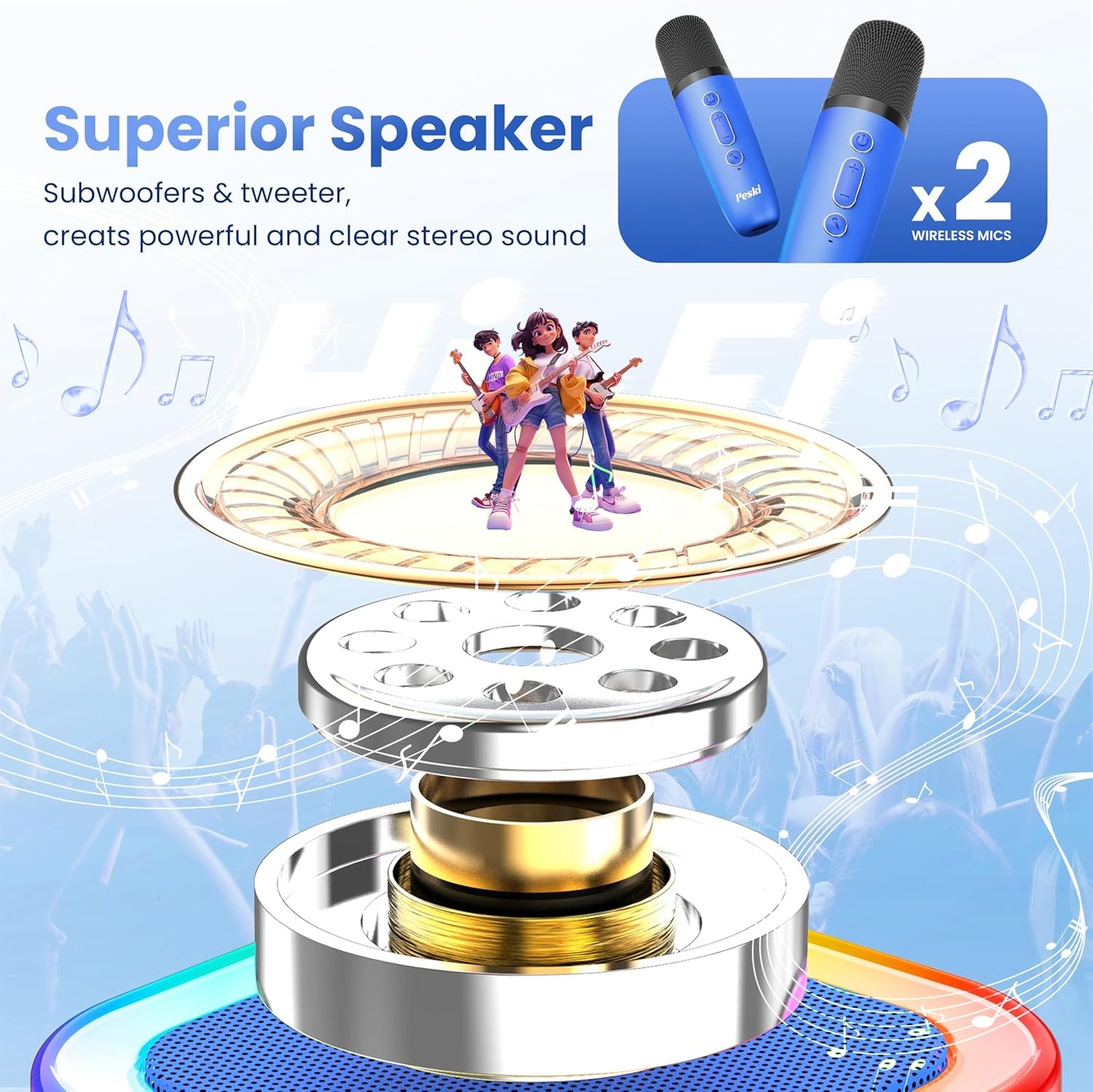 Karaoke Machine for Kids Adults, Portable Bluetooth Mini Karaoke Microphone Singing Speaker Karaoke Player with 2 Wireless Mic, for All Smartphones,Birthday, Family,Home Party(Deep Blue)