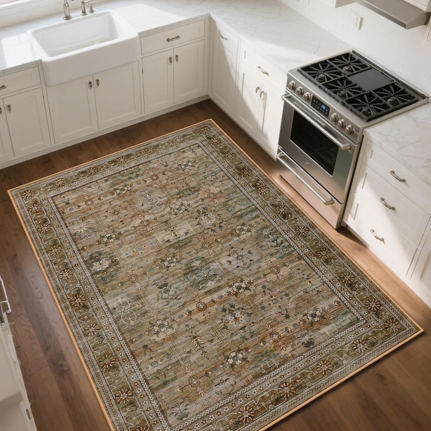 4x6 Area Rug for Bedroom Machine Washable, Non Slip Vintage Floral Kitchen Rugs for Dining Room, Low Pile Indoor Floor Print Carpet for Nursery Farmhouse Home Office Olive/Charcoal