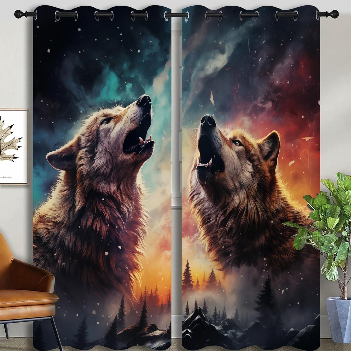 Fantasy Wolf Blackout Curtains for Boys Girl Bedroom Decor,Colorful Galaxy Misty Forest Wildlife Thermal Insulated Grommet Drapes Darkening Window Curtain for Living Room Home 84x84 inch