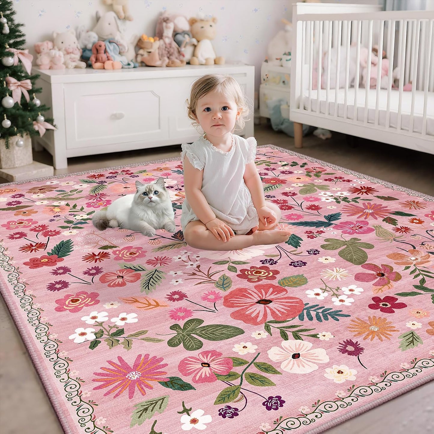 Nursery Rug 8x10 Pink Floral Rugs Boho Washable Retro Aesthetic Low Pile Non Slip Stain Resistant Large Area Rug for Girls Bedroom Living Room Dining Room Kids Playroom College Dorm Carpet